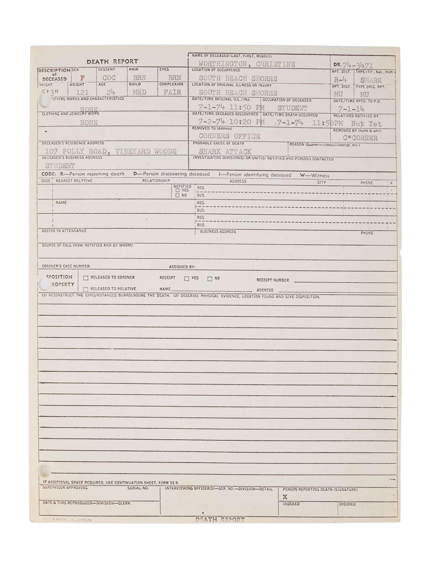 Jaws | Production-Used "Shark Attack - Death Report" Prop lot