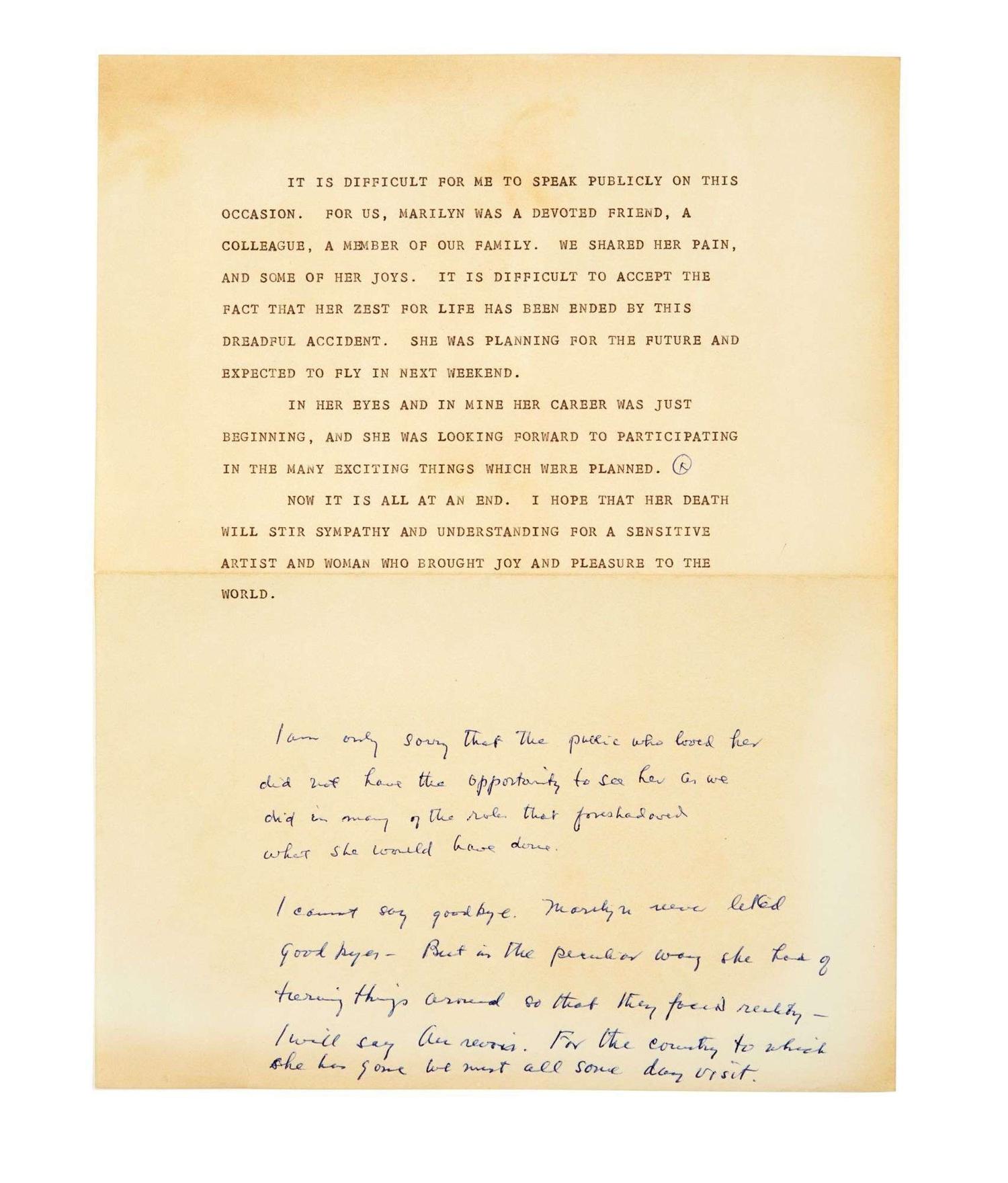 Lee Strasberg | 1962 Typed and Annotated Notes for Marilyn's Eulogy lot