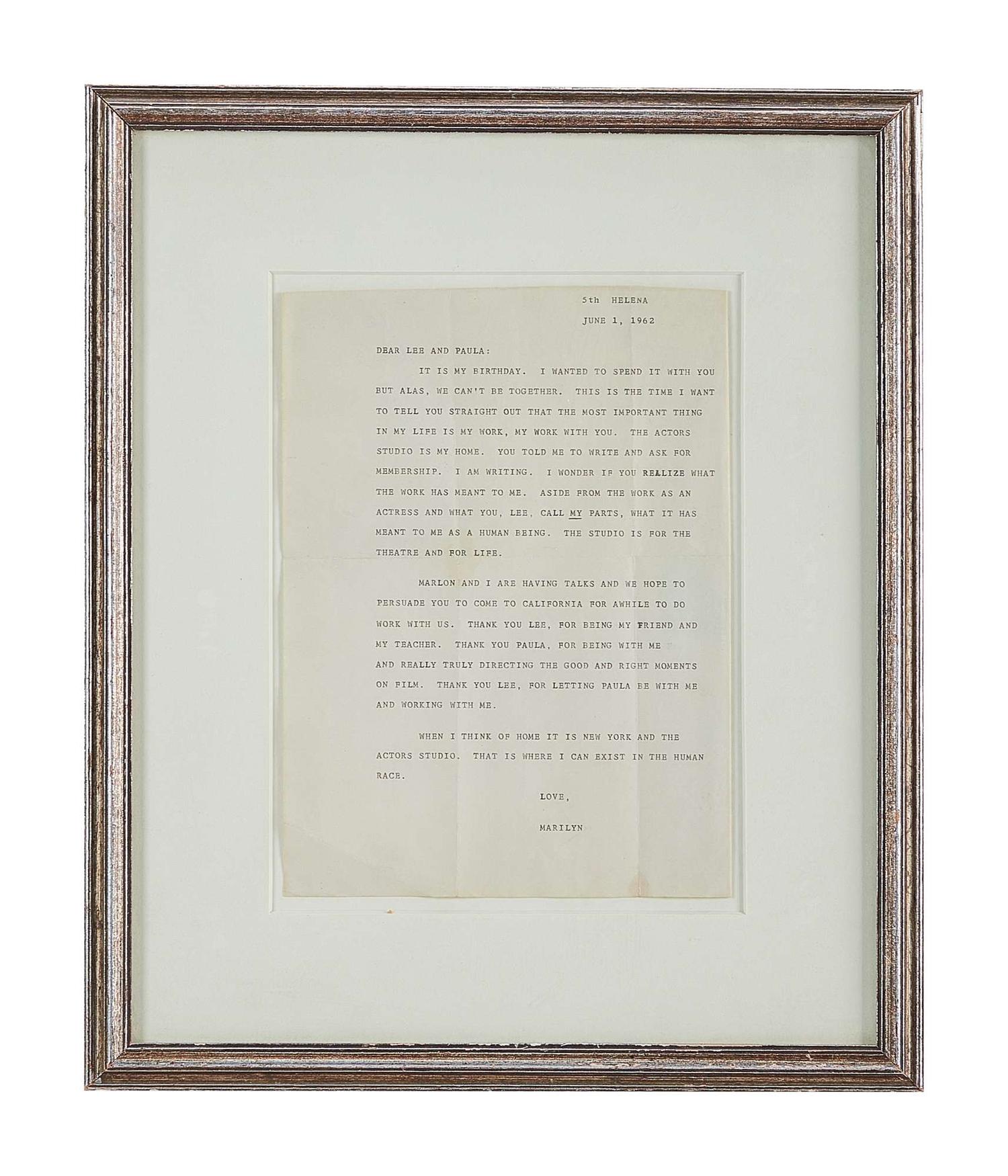 Marilyn Monroe | 1962 Heartfelt Letter to Lee and Paula Strasberg lot