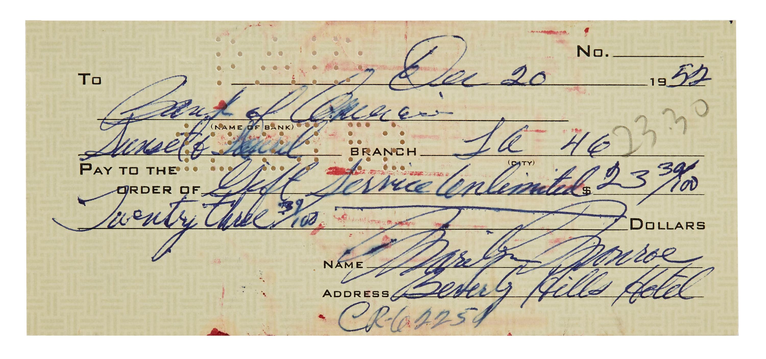 Marilyn Monroe | 1952 Handwritten Check