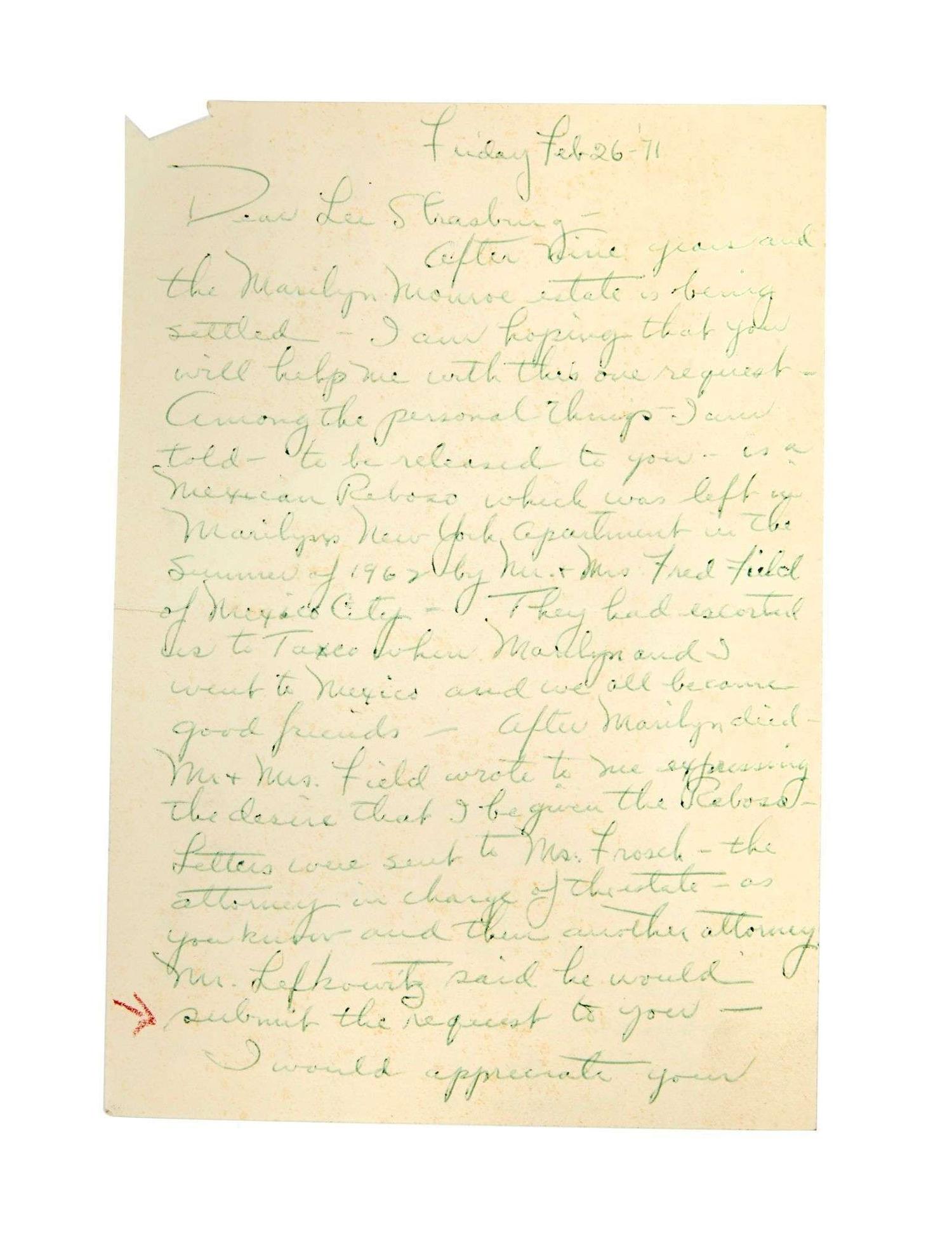 Eunice Murray | 1971 Sad Letter Sent to Lee Strasberg Regarding Marilyn lot