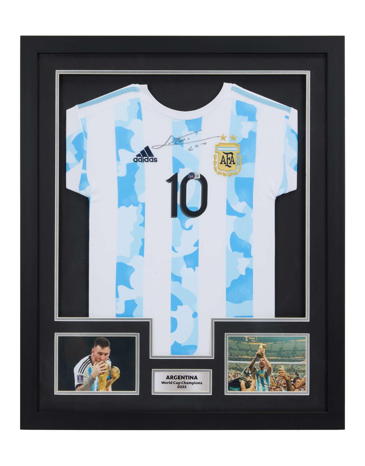 Lionel Messi | Signed 2022 Argentina World Cup Commemorative Jersey Display (Beckett) lot