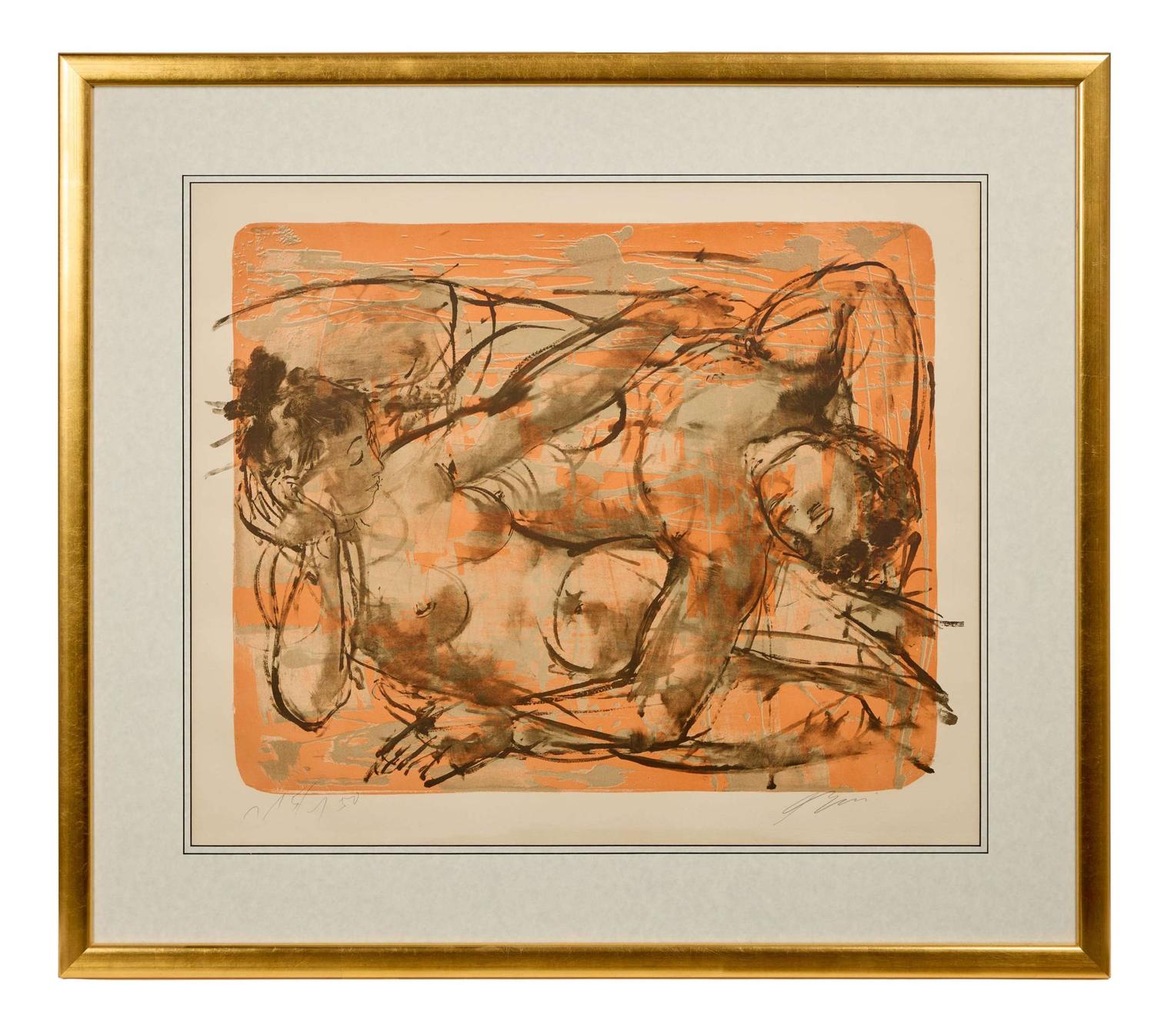 Samantha Eggar | Hans Erni Signed “Liebespaar auf Orangem Grund" Lithograph lot