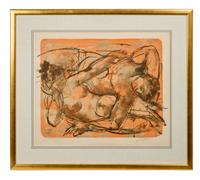 Samantha Eggar | Hans Erni Signed “Liebespaar auf Orangem Grund" Lithograph