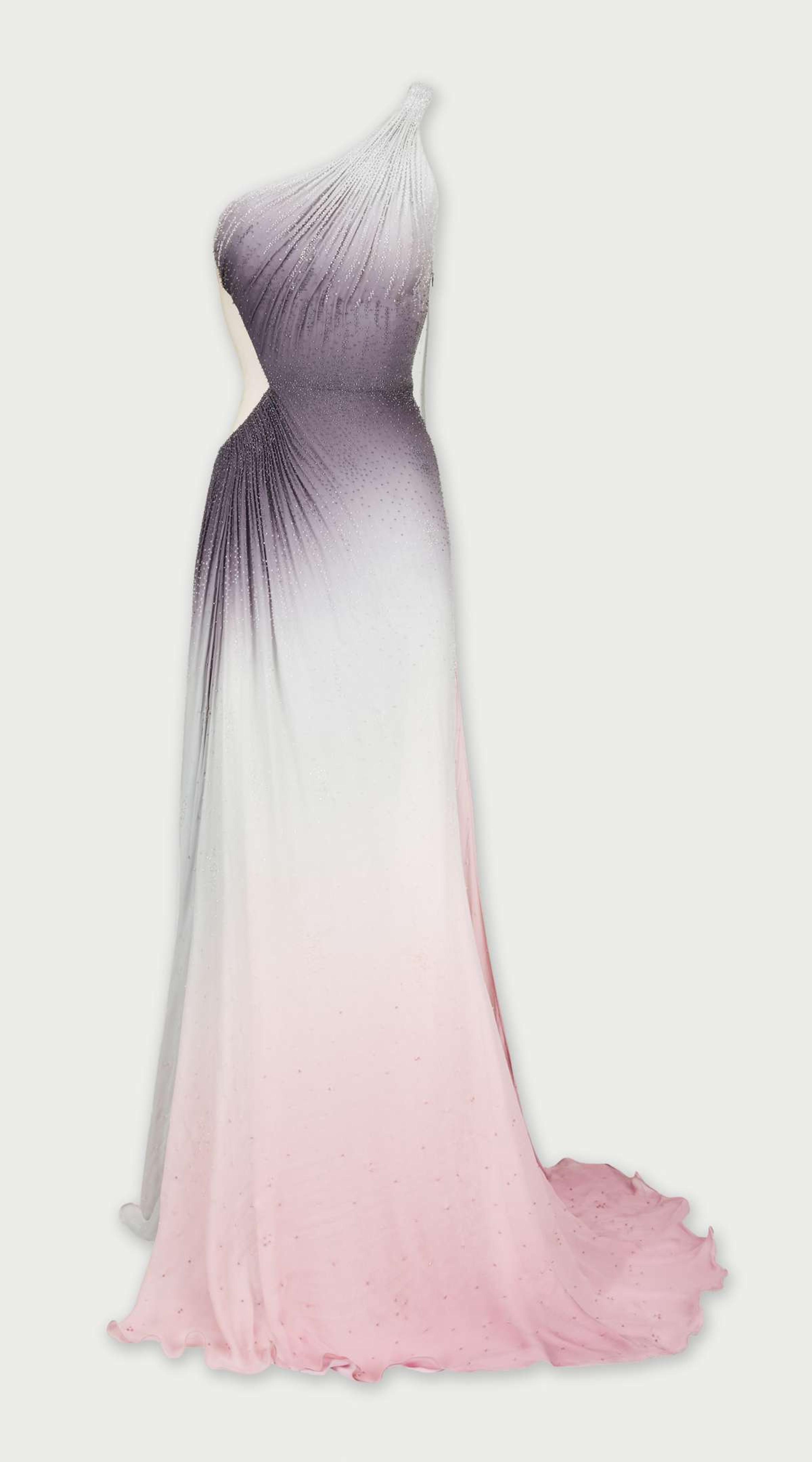 fairy prom dress 2005 Versace Couture Runway Pink Beaded Stretch Silk High-Low Gown main image 1