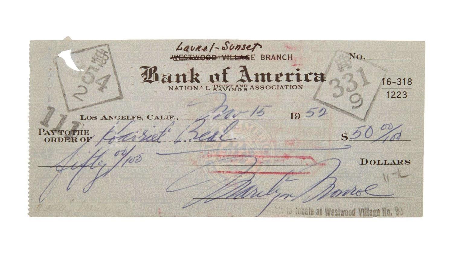Marilyn Monroe | 1952 Signed Check to Harriet Beal lot