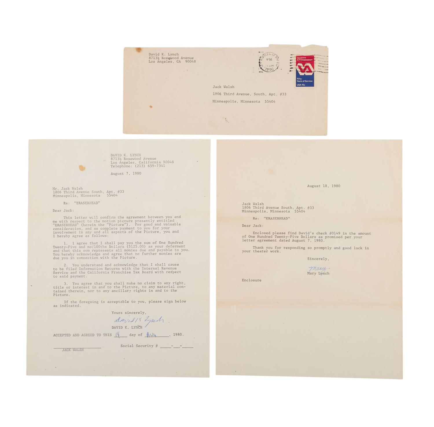 David Lynch | Signed Letter to Jack Walsh Regarding “Eraserhead” lot