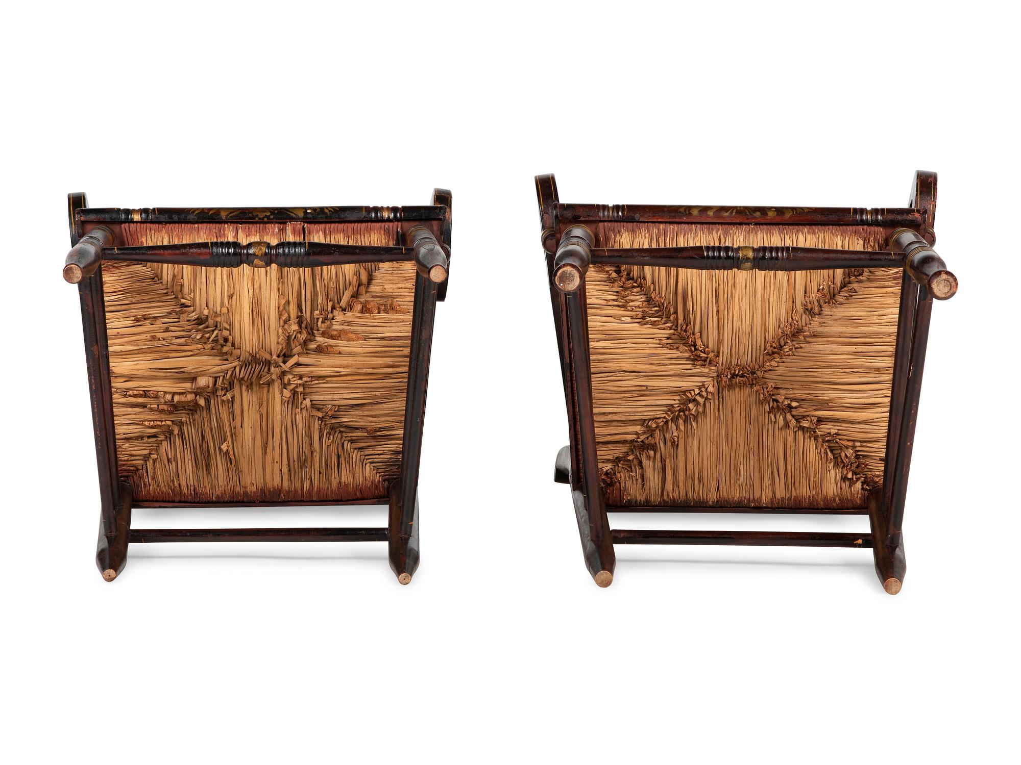 A Matched Pair of Classical Grain-Painted and Gilt Stencil-Decorated Hitchcock Rush-Seat Armchairs