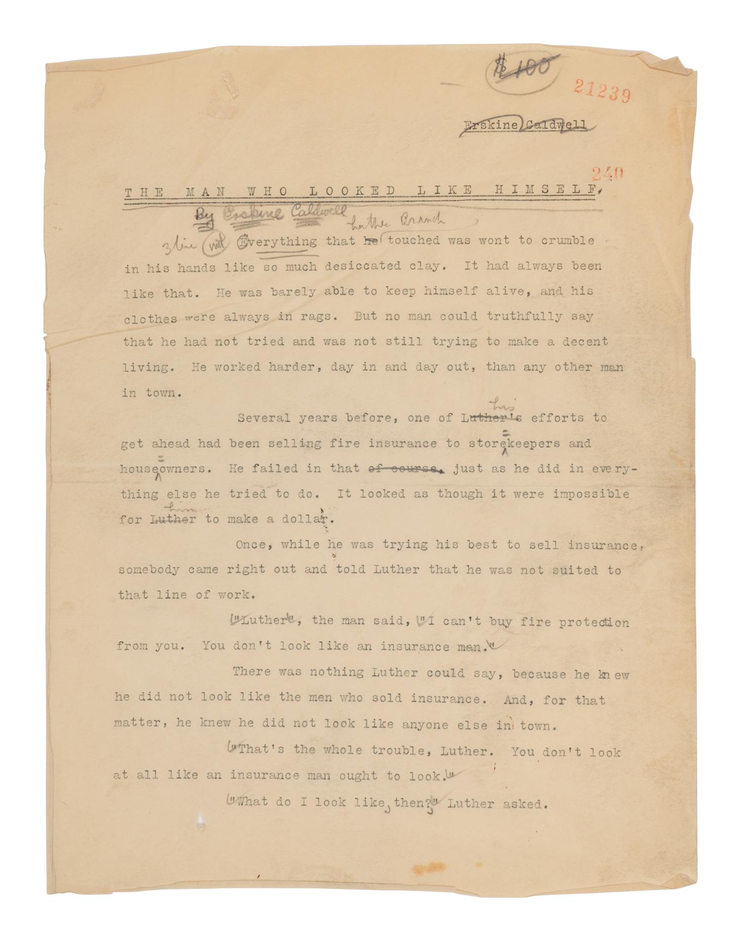 CALDWELL, Erskine (1903-1987). Original typescript for "The Man Who Looked Like Himself." 1935.