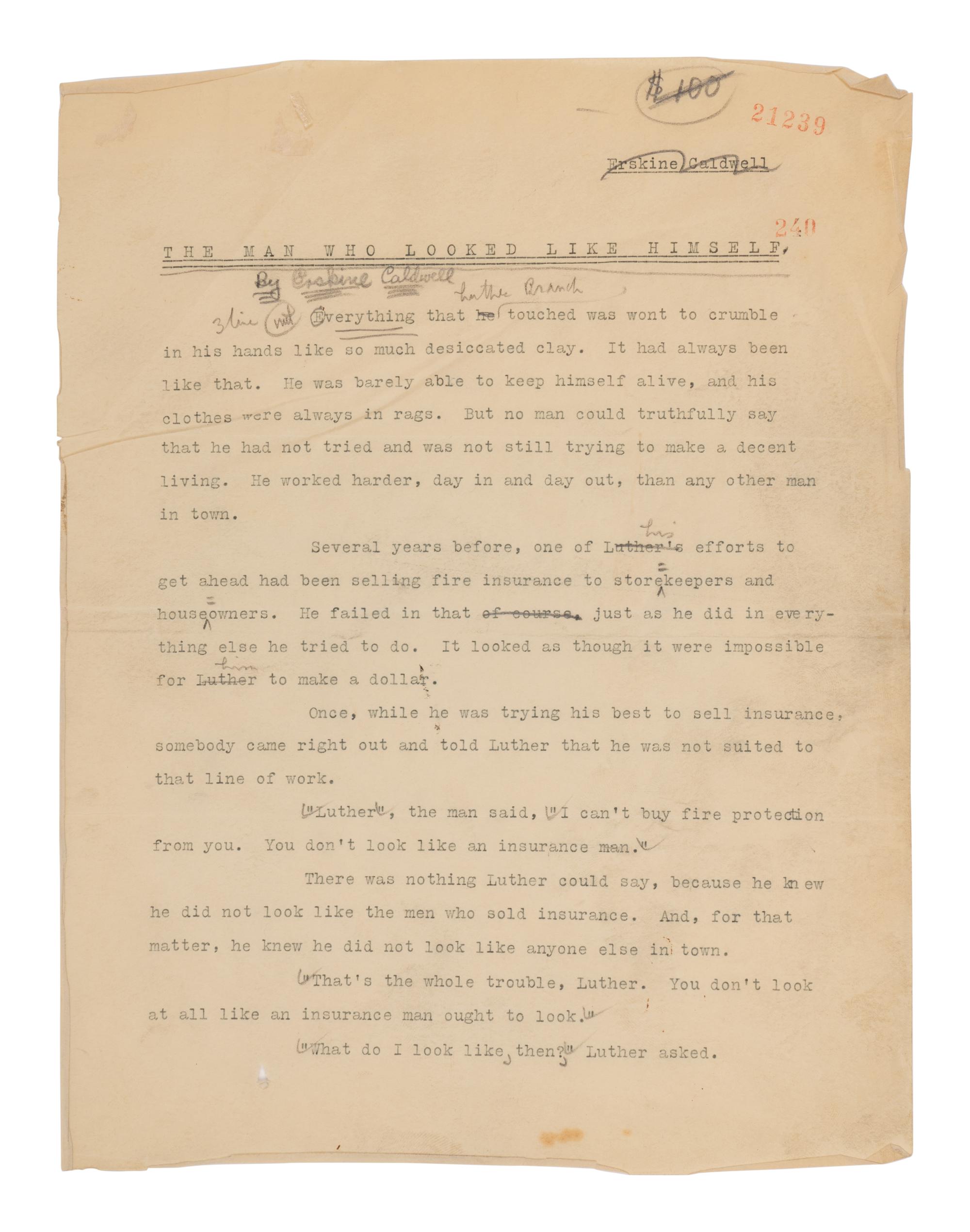 CALDWELL, Erskine (1903-1987). Original typescript for "The Man Who Looked Like Himself." 1935.