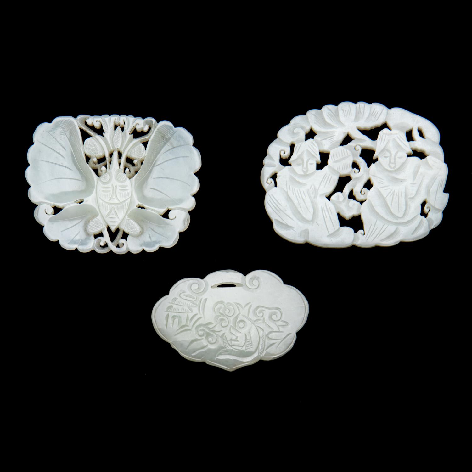 Three Chinese White Jade Plaques 清晚期 白玉花片三枚