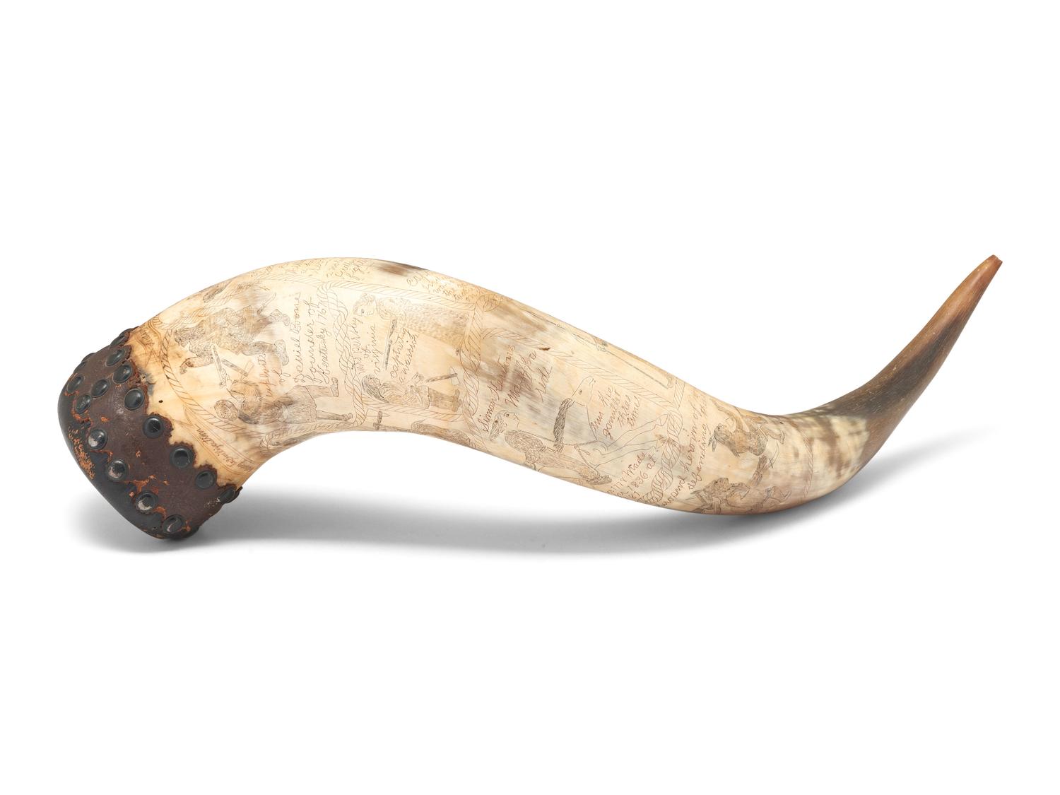 [OHIO VALLEY - 19TH CENTURY]. Decorative scrimshawed "story horn" depicting the " deeds of daring of both heroe and heroein of the 18th century in paveing the way to civilization ," including Daniel Boone, Simon Kenton, and Colonel William.