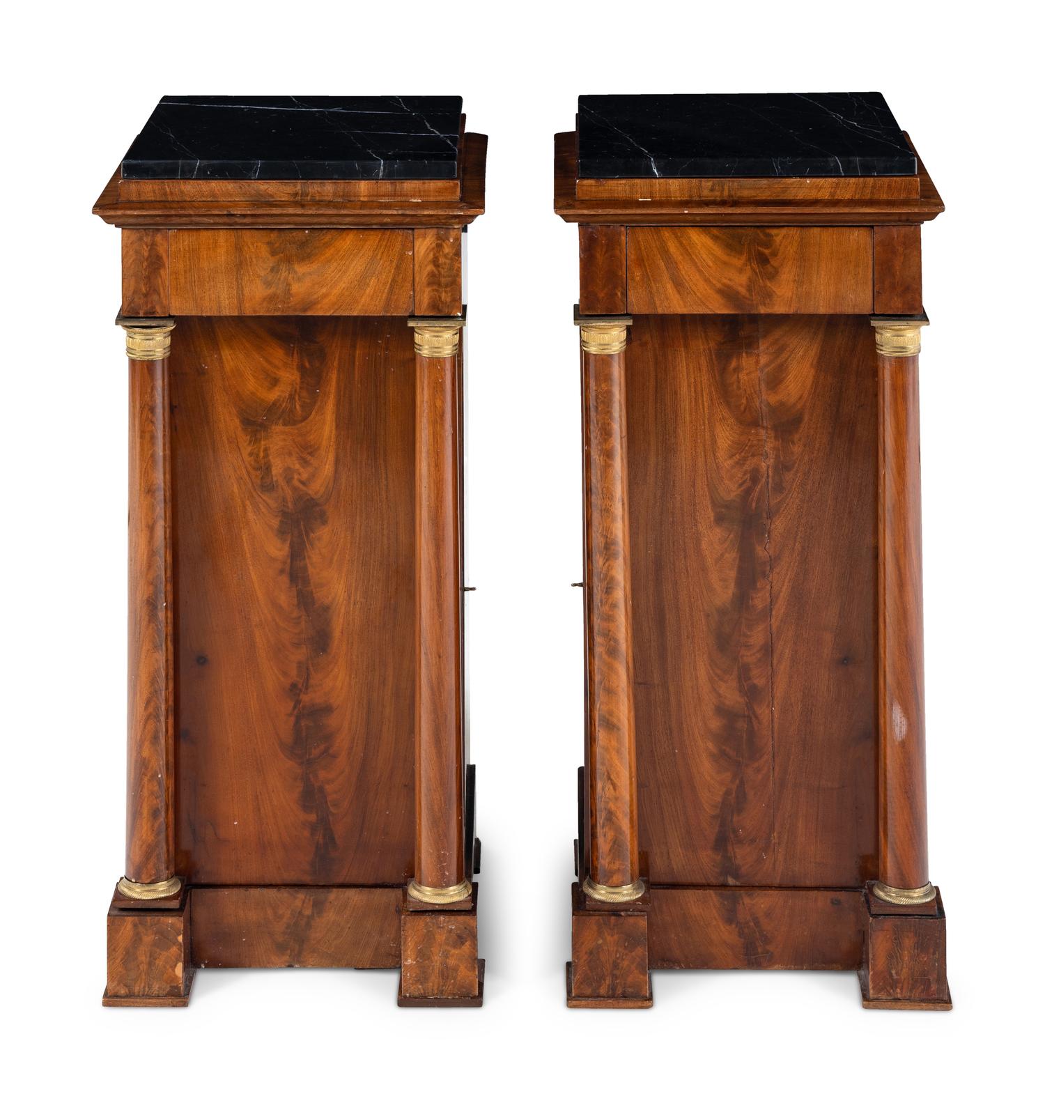 A Pair of Empire Style Mahogany Marble-Top Side Cabinets