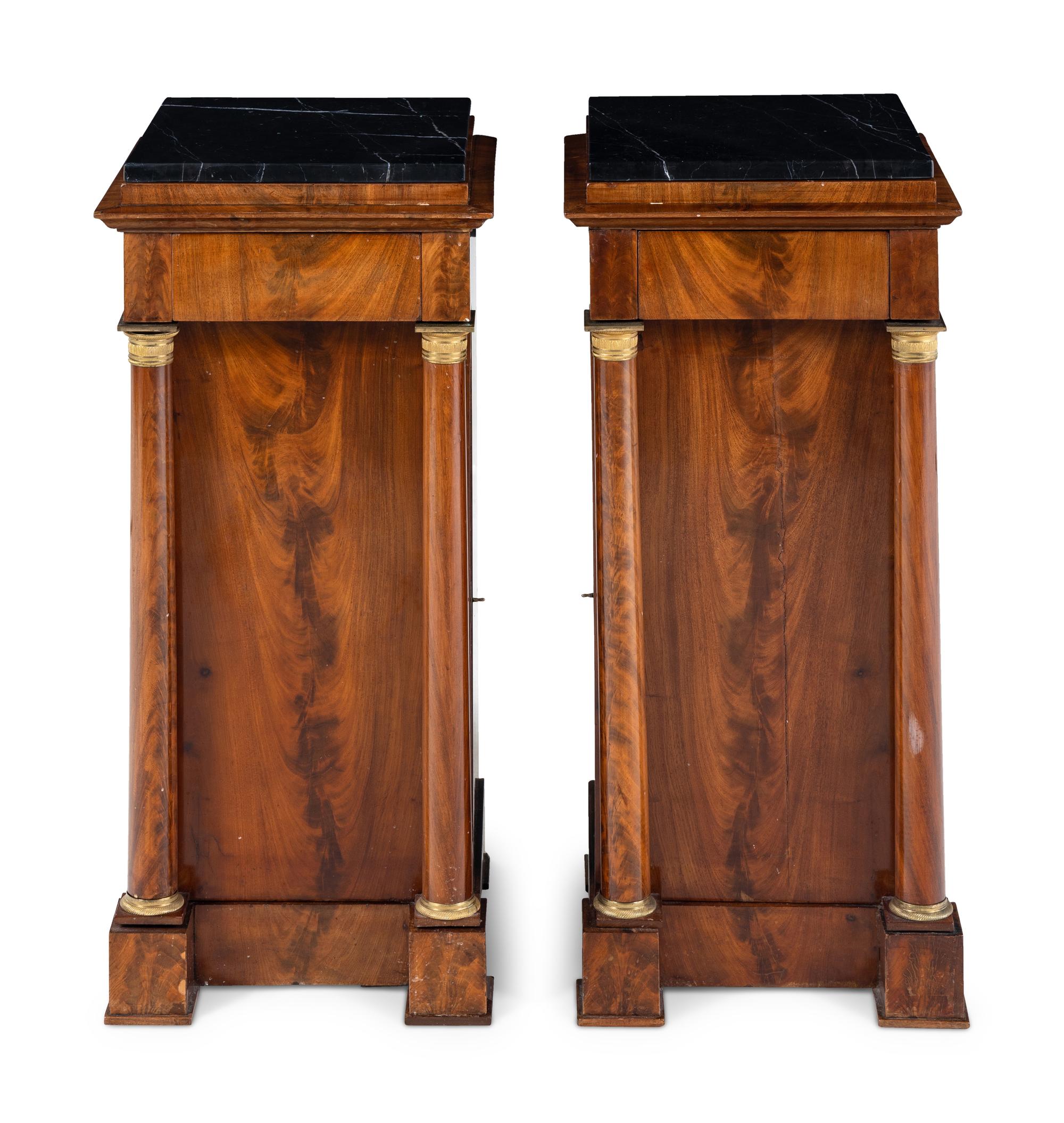 A Pair of Empire Style Mahogany Marble-Top Side Cabinets