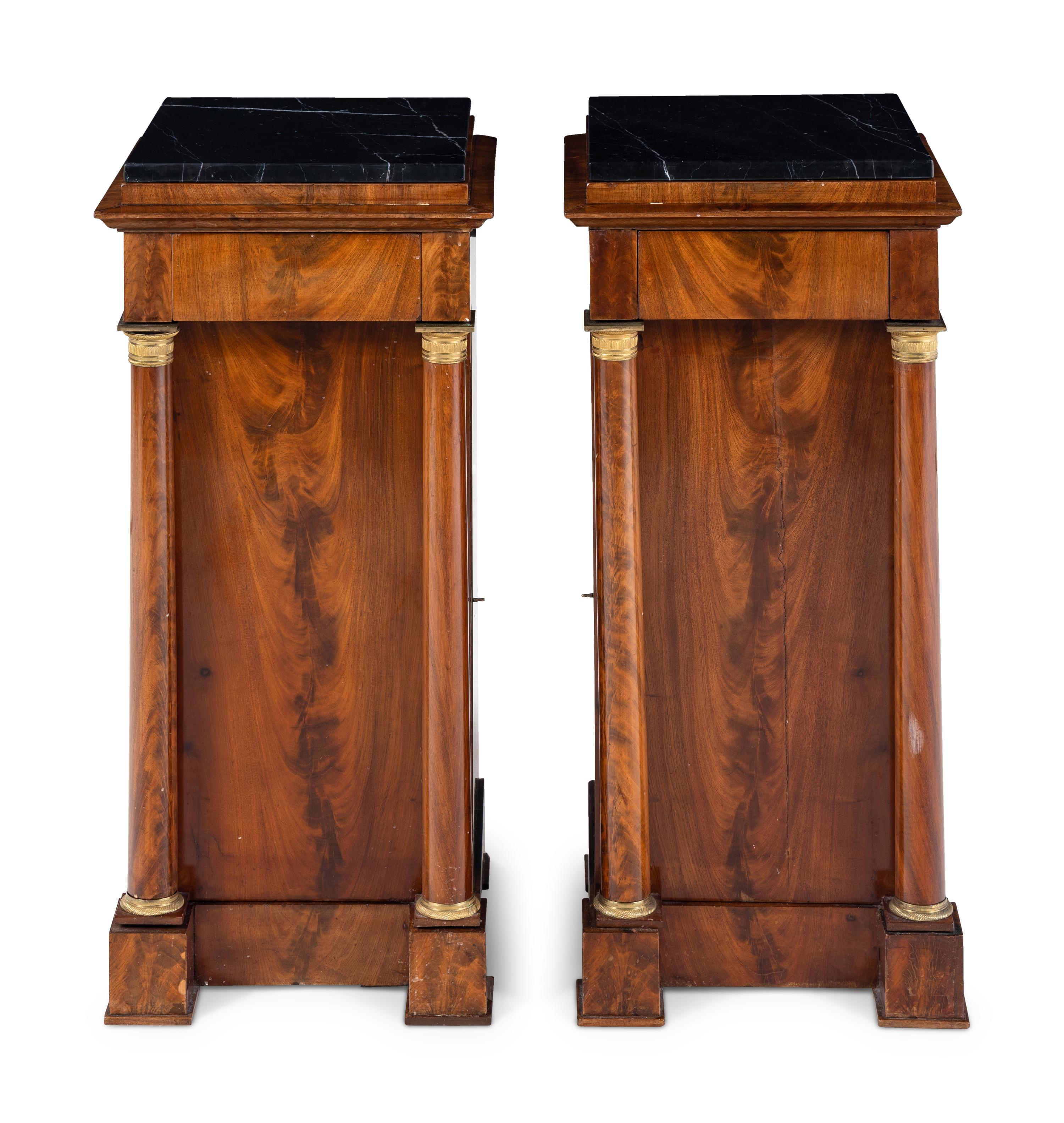 A Pair of Empire Style Mahogany Marble-Top Side Cabinets