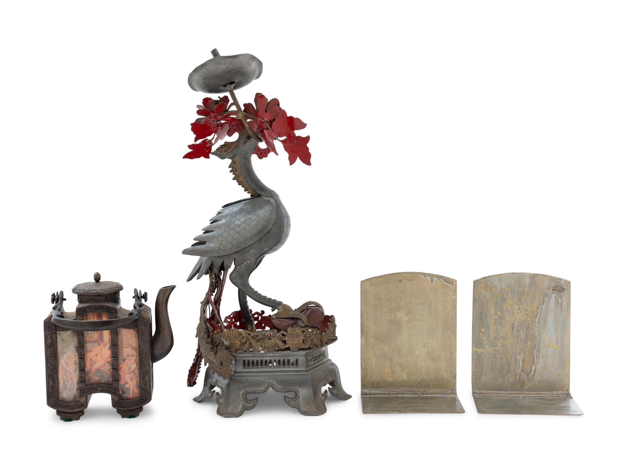 Eight Chinese Pewter and Mixed Metal Articles