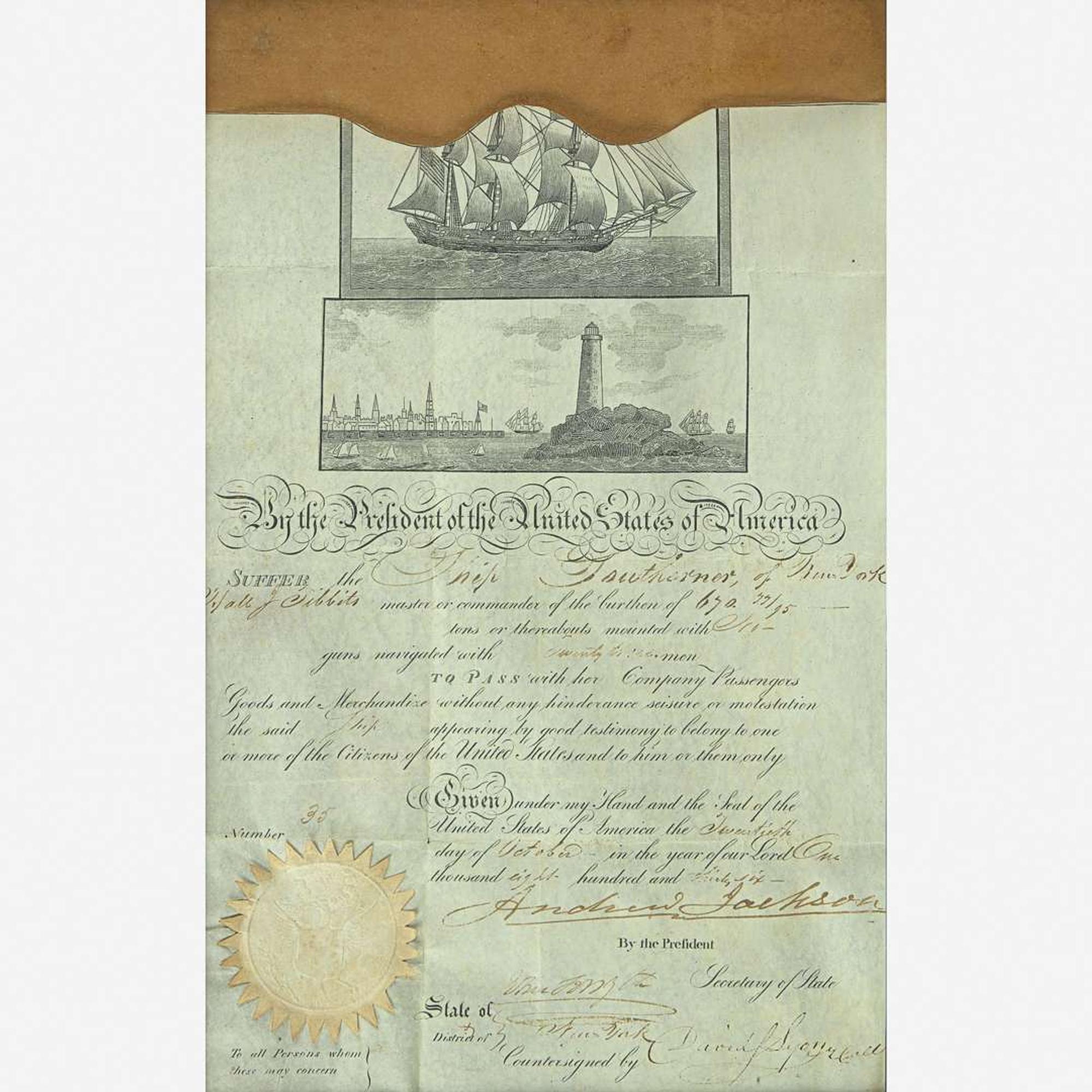 Chinese School 19th century Portrait of the Ship "Southerner", circa 1835, together with Andrew Jackson Signed Ship's Passport