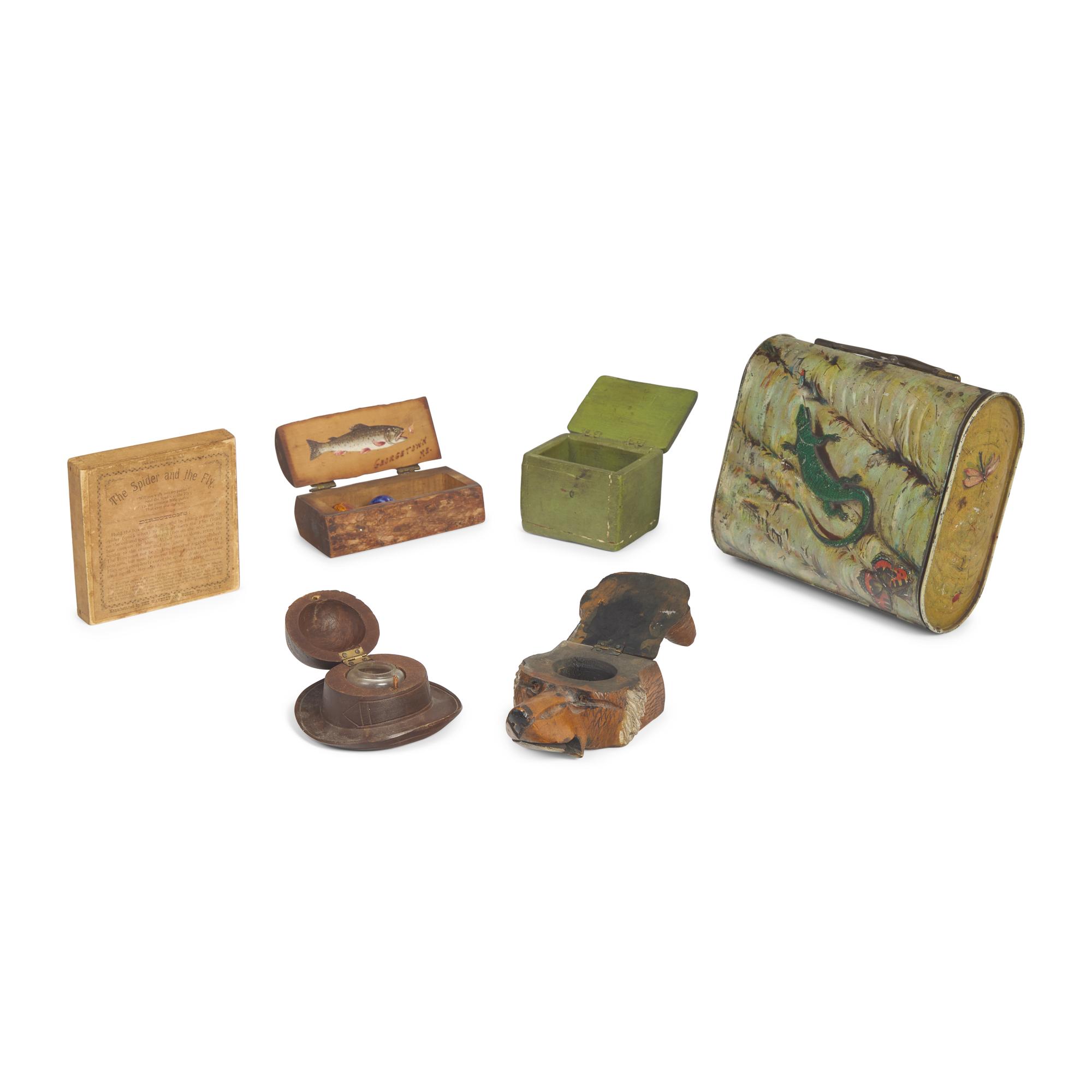 A Group of Five Assorted Boxes and Inkwells, Together with The Spider and the Fly Game