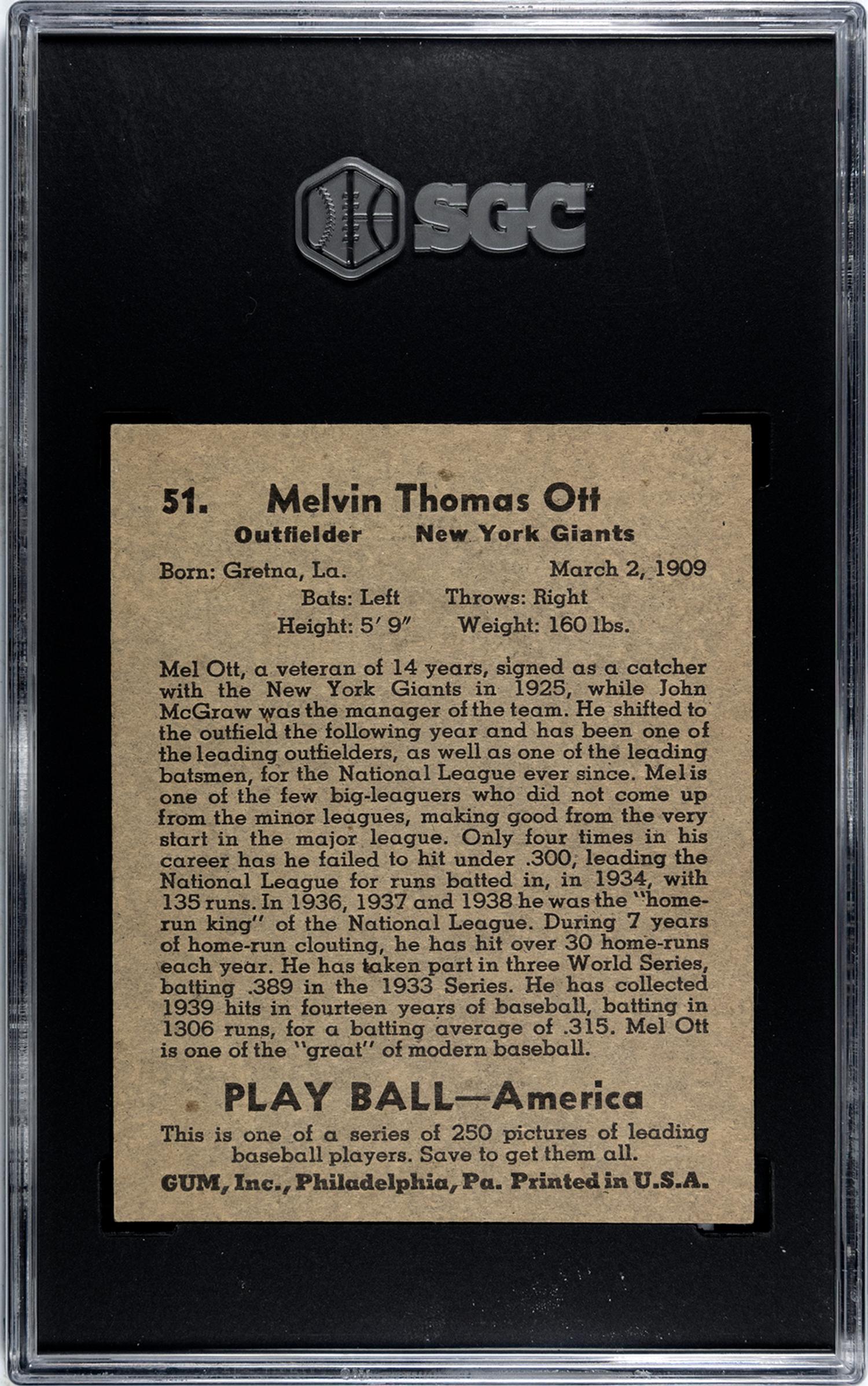 A 1939 Play Ball Mel Ott Baseball Card No. 51 (SGC 4 VG/EX)