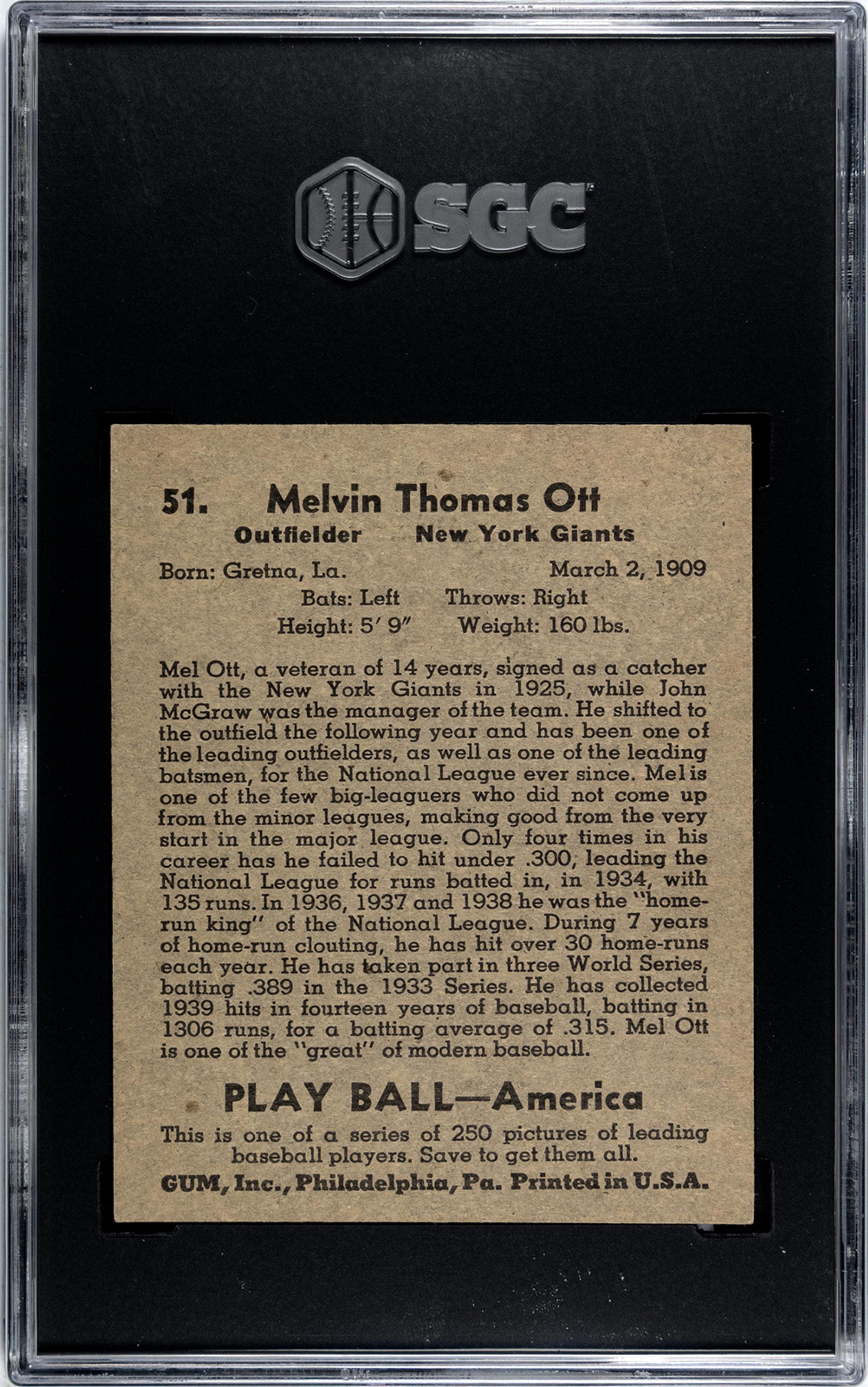 A 1939 Play Ball Mel Ott Baseball Card No. 51 (SGC 4 VG/EX)