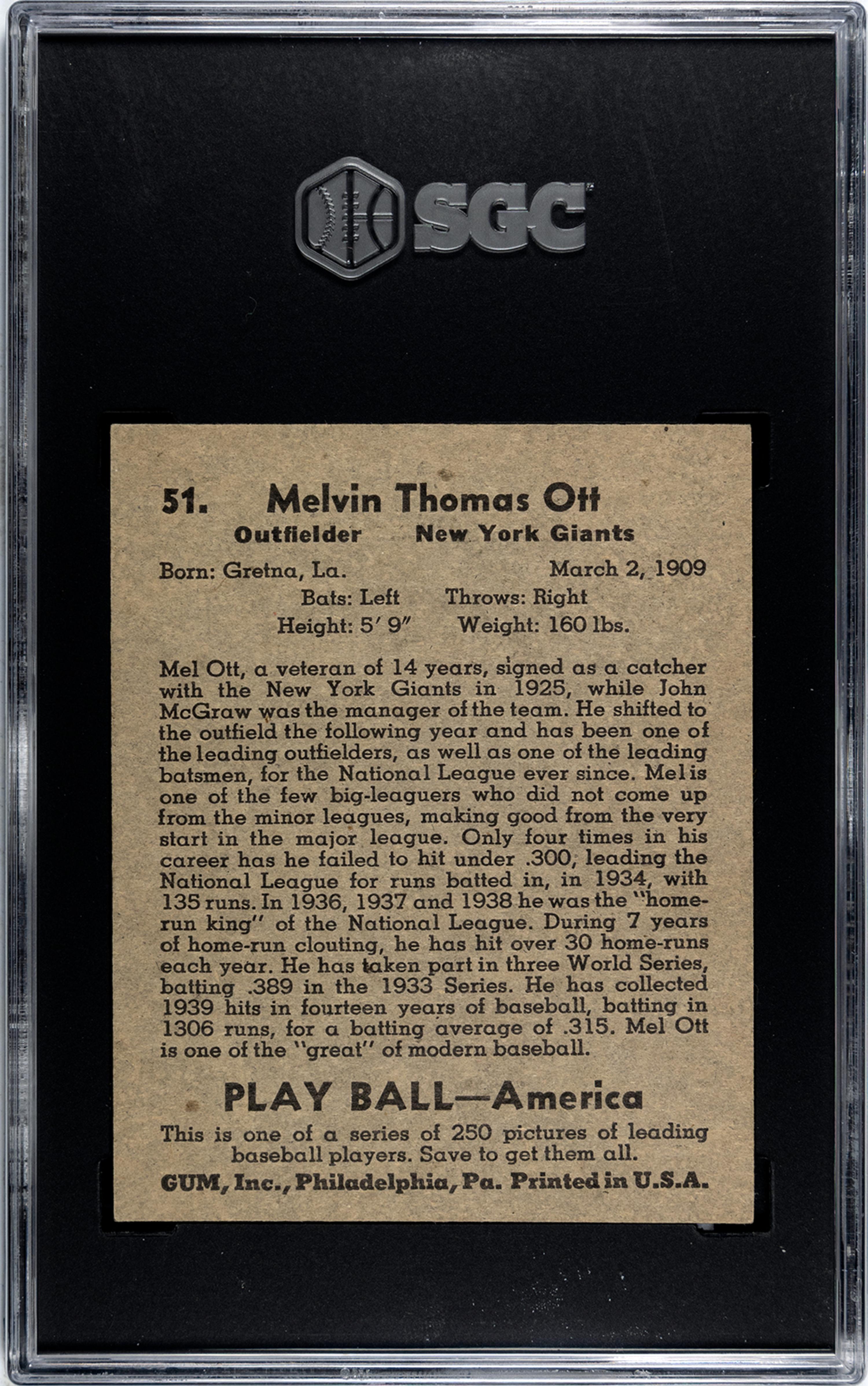 A 1939 Play Ball Mel Ott Baseball Card No. 51 (SGC 4 VG/EX)