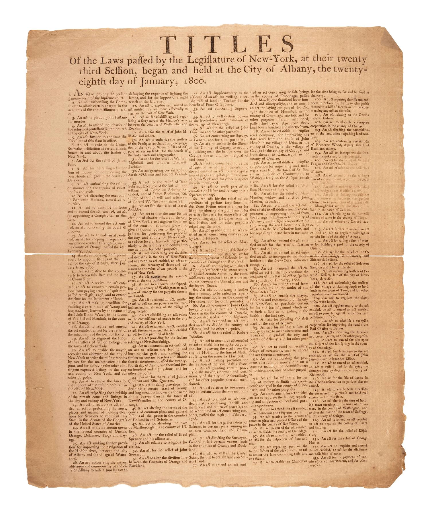 [NEW YORK]. Titles of the Laws passed by the Legislature of New-York, at their twenty third Session, began and held at the City of Albany, the twenty-eighth day of January, 1800. [Albany, NY]: N.p., [1800].