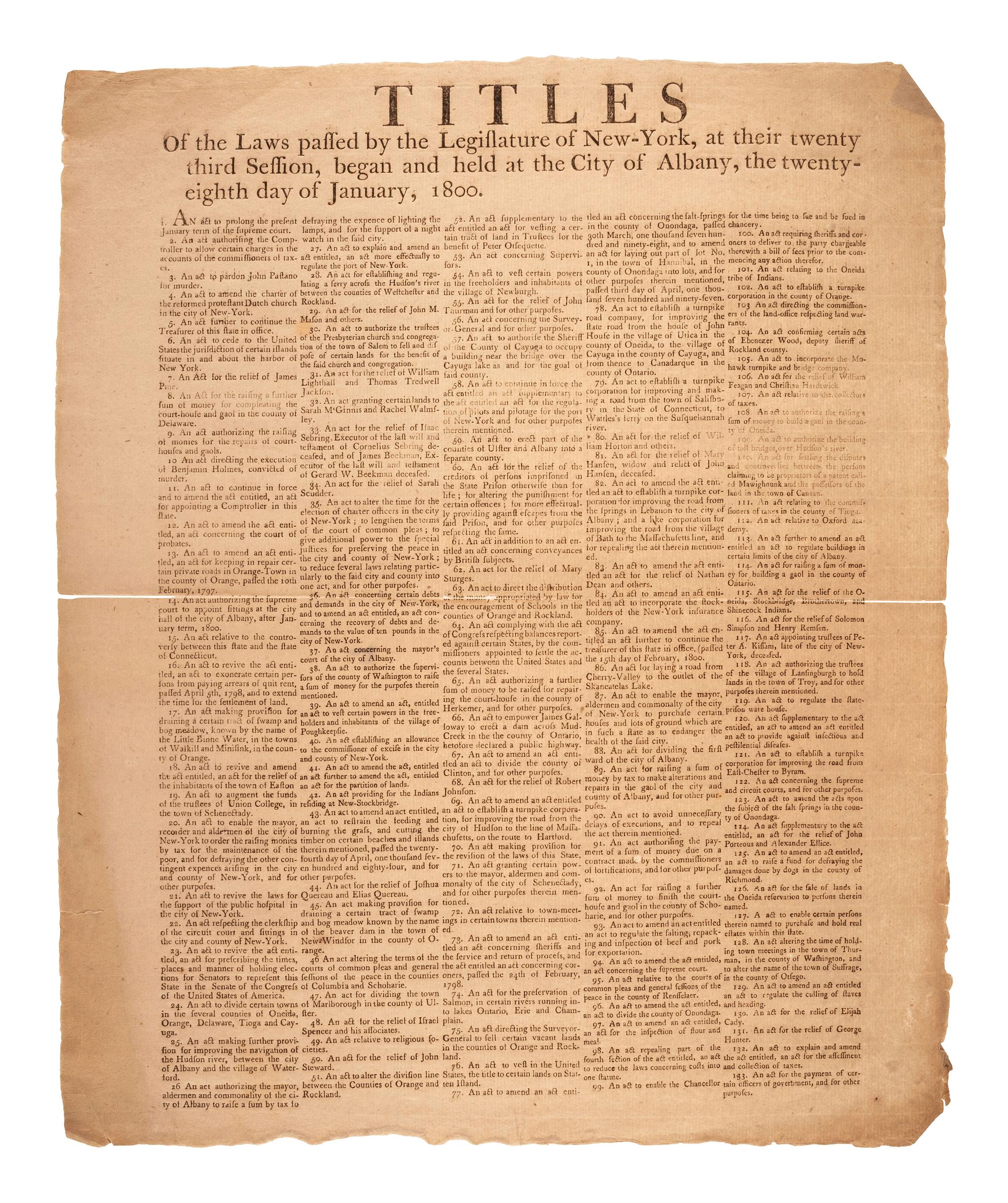 [NEW YORK]. Titles of the Laws passed by the Legislature of New-York, at their twenty third Session, began and held at the City of Albany, the twenty-eighth day of January, 1800. [Albany, NY]: N.p., [1800].