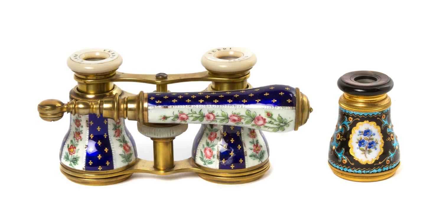 A Pair of French Enameled Opera Glasses, Verdi, Width of first 4 inches.