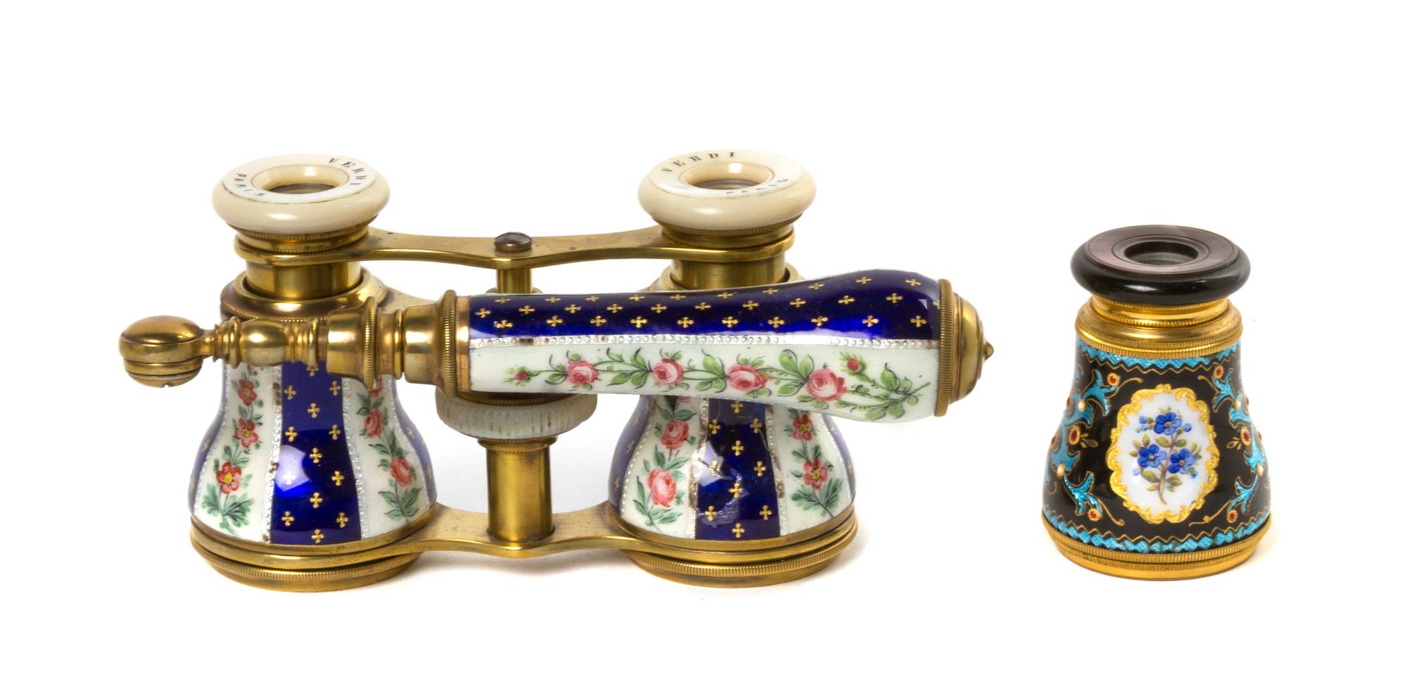 A Pair of French Enameled Opera Glasses, Verdi, Width of first 4 inches.