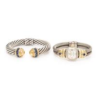 David Yurman, Sterling Silver, Yellow Gold, and Iolite Cable Watch and Bracelet