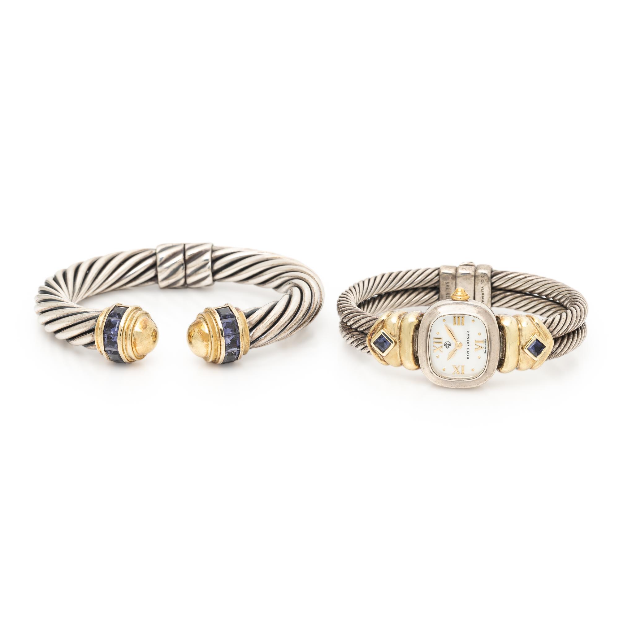 David Yurman, Sterling Silver, Yellow Gold, and Iolite Cable Watch and Bracelet