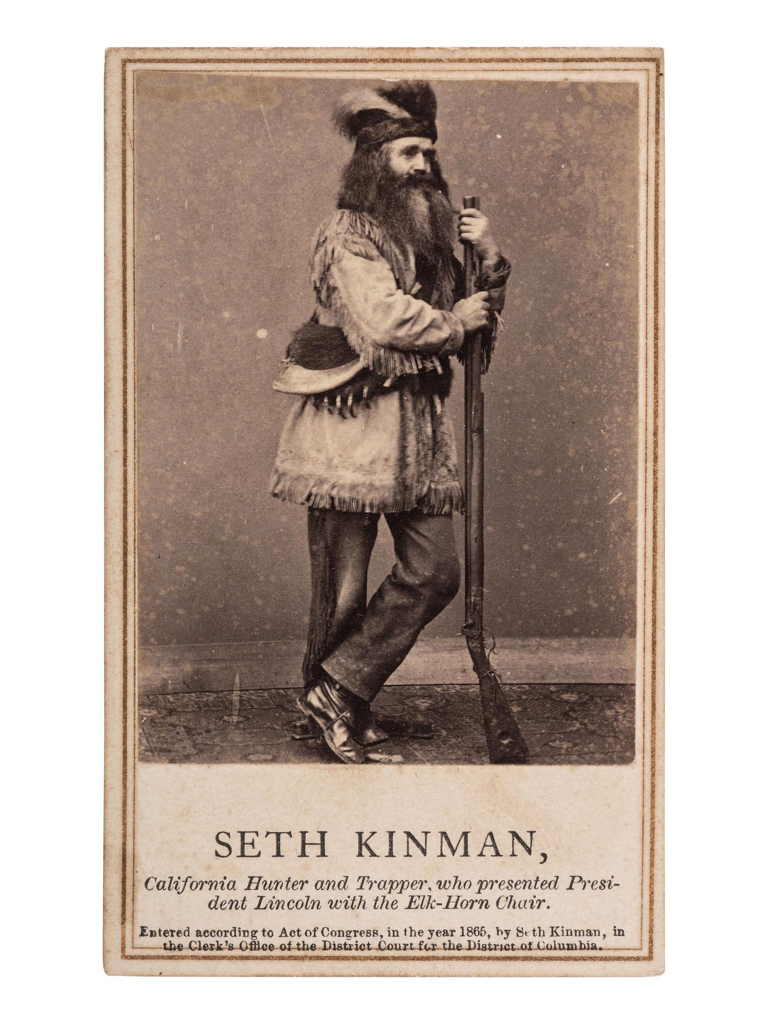 [CALIFORNIA] BRADY, Mathew, photographer. Seth Kinman, California Hunter and Trapper, Who Presented President Lincoln with the Elk-Horn Chair. Washington DC & New York, 1865.
