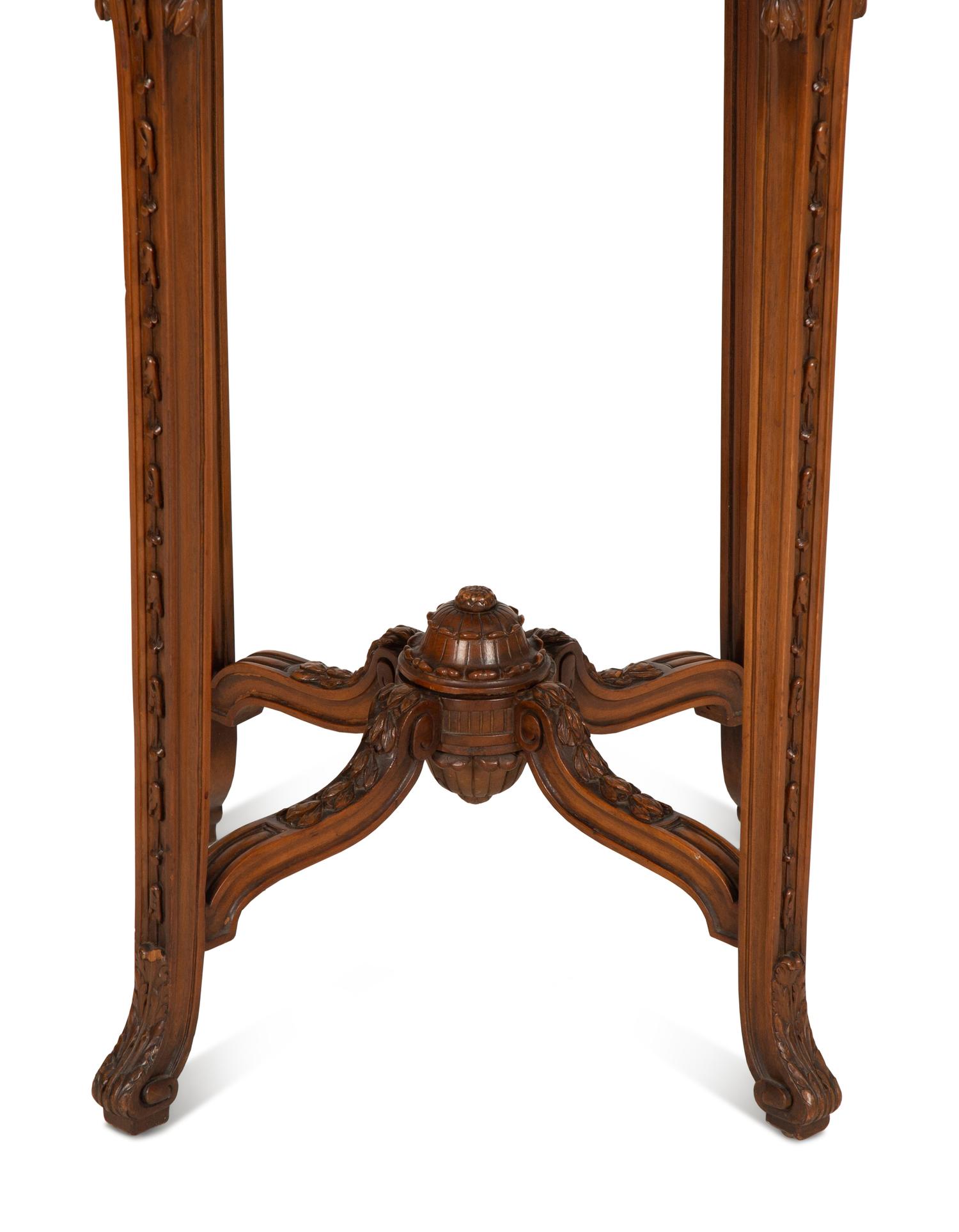 Two Louis XVI Style Carved Walnut Side Tables with Inset Marble Tops