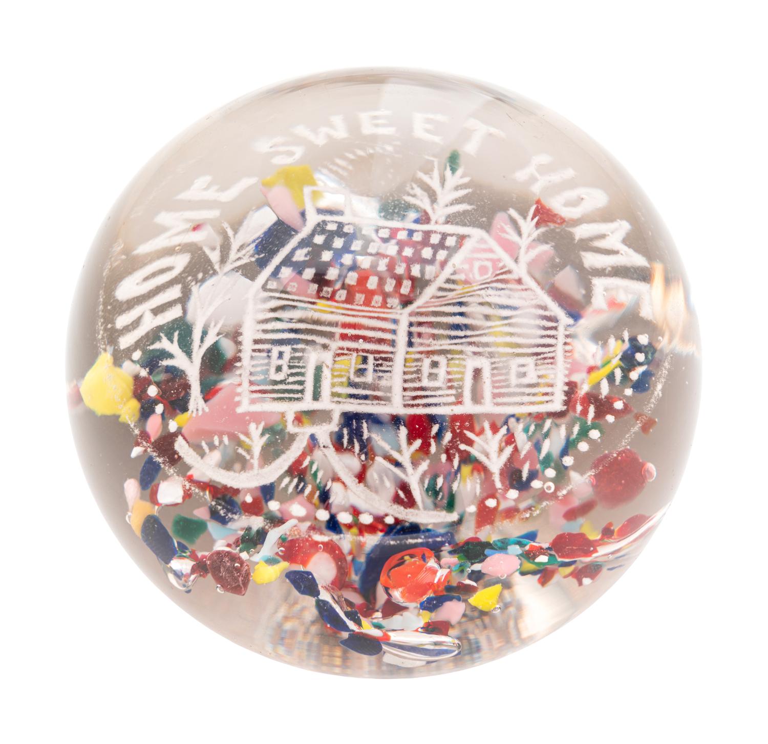 Three American Frit Home Sweet Home Motto Over Speckled Ground Glass Paperweights