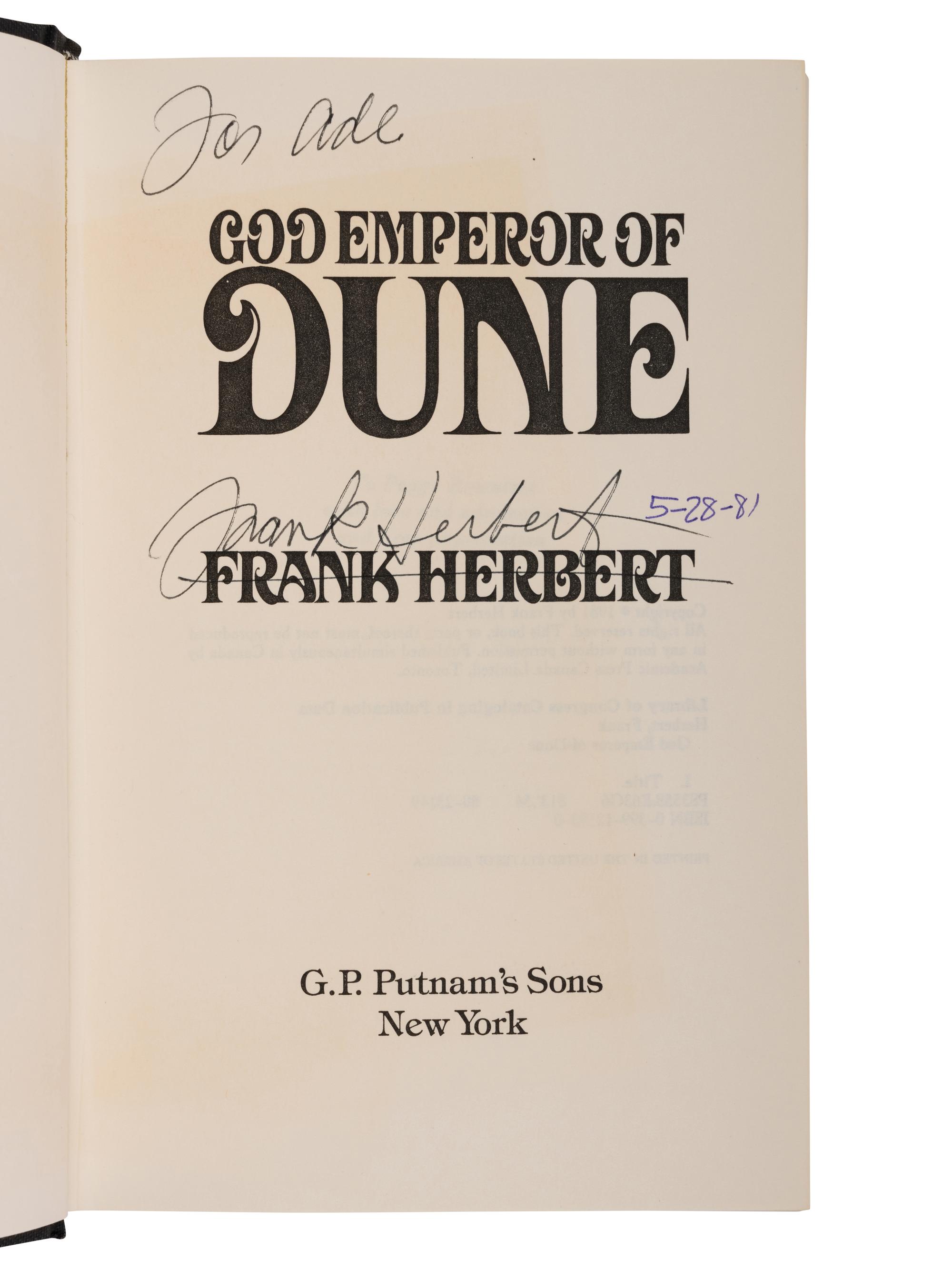 HERBERT, Frank (1920-1986). God Emperor of Dune . New York: G.P. Putnam's Sons, 1981.