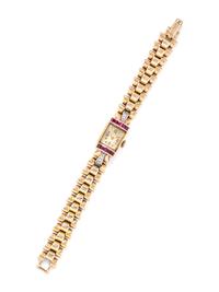 RETRO, 14K YELLOW GOLD, SYNTHETIC RUBY AND DIAMOND WRISTWATCH