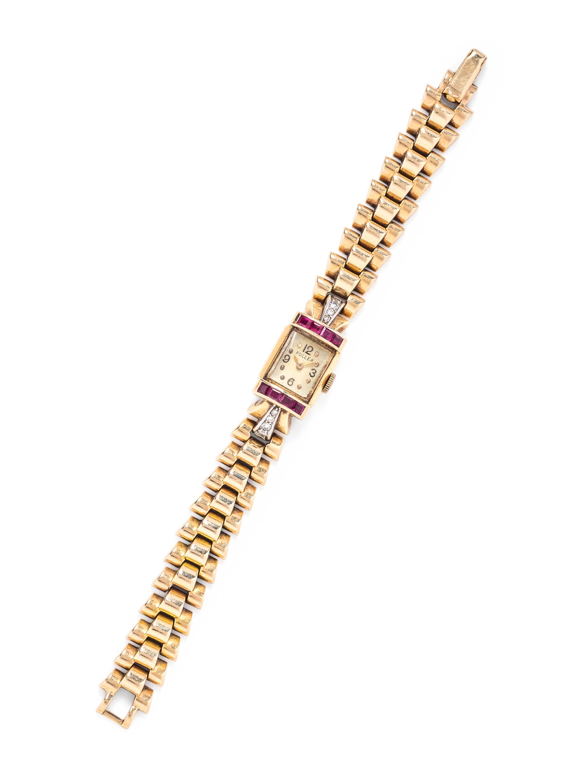 RETRO, 14K YELLOW GOLD, SYNTHETIC RUBY AND DIAMOND WRISTWATCH