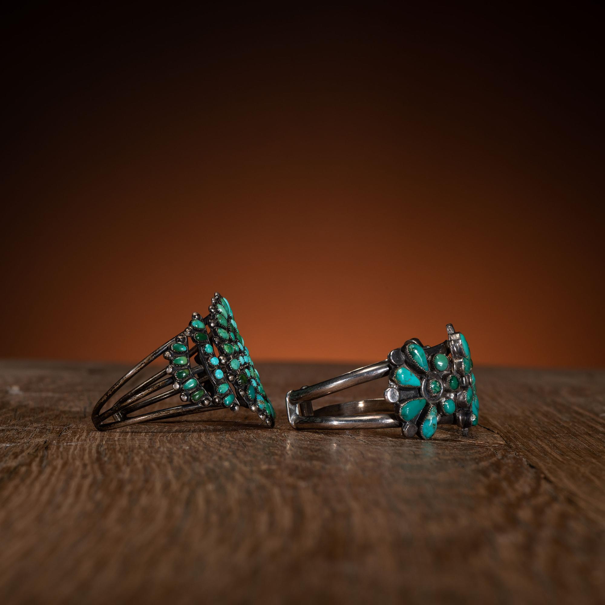 Pair of Zuni Silver and Petit Point Turquoise Cluster Cuff Bracelets