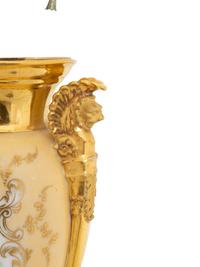 A Pair of Parcel Gilt Hand-Painted Paris Porcelain Urns Mounted as Lamps