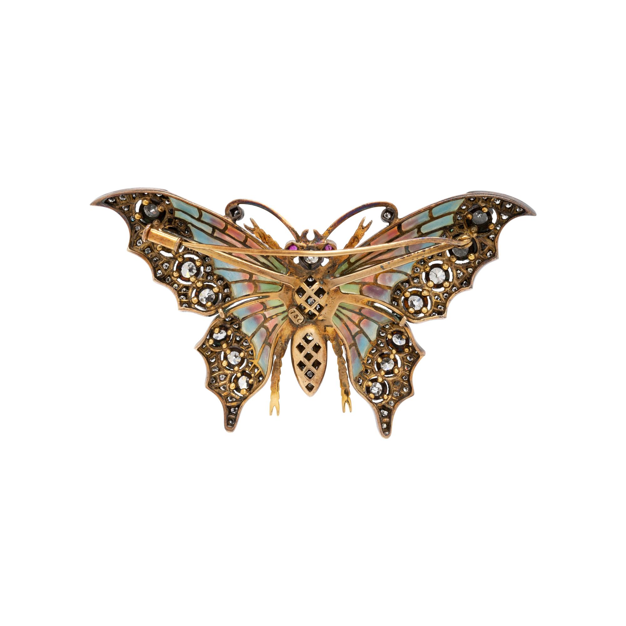 DIAMOND AND PLIQUE-À-JOUR ENAMEL BUTTERFLY BROOCH