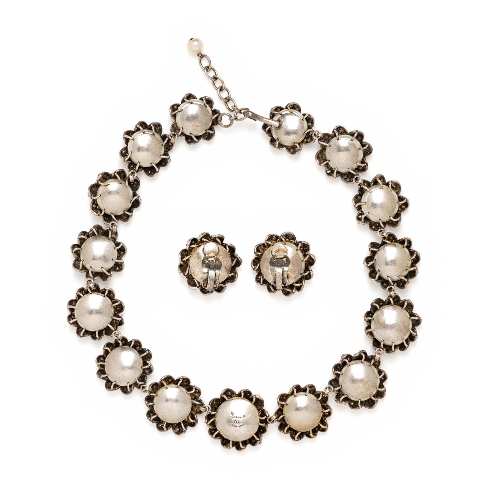 Chanel, Gripoix Pearl & Rhinestone Necklace and Ear Clips