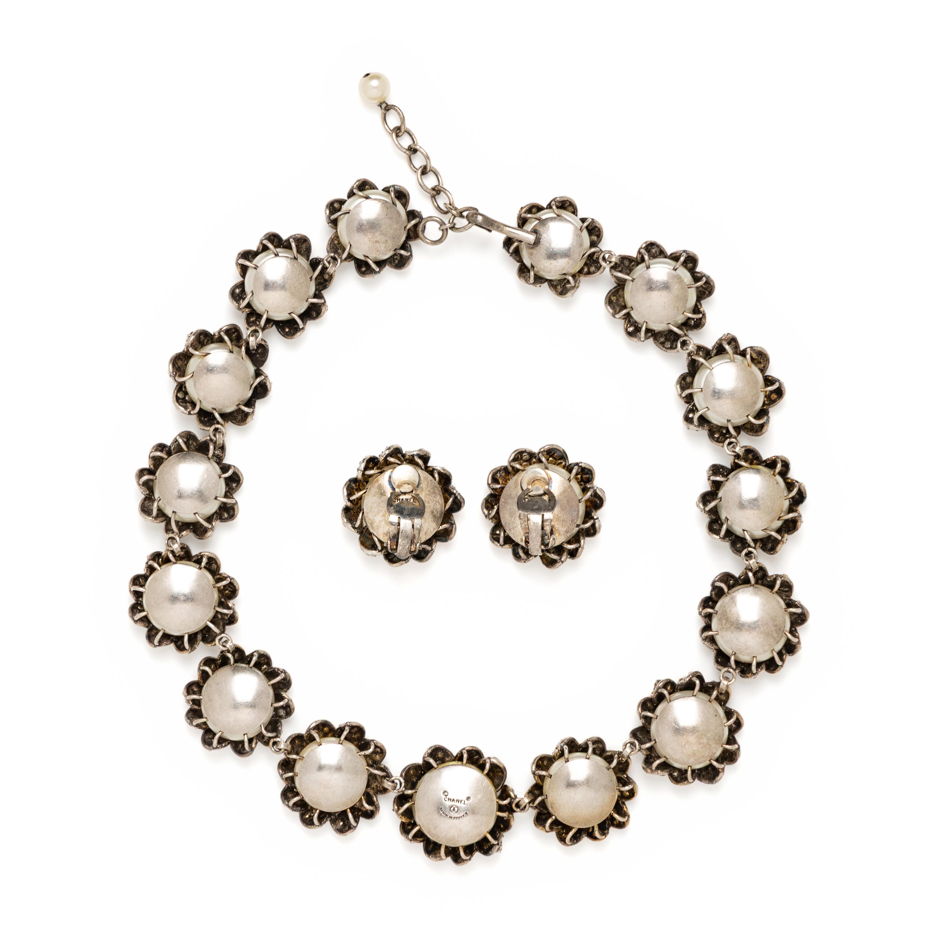 Chanel, Gripoix Pearl & Rhinestone Necklace and Ear Clips