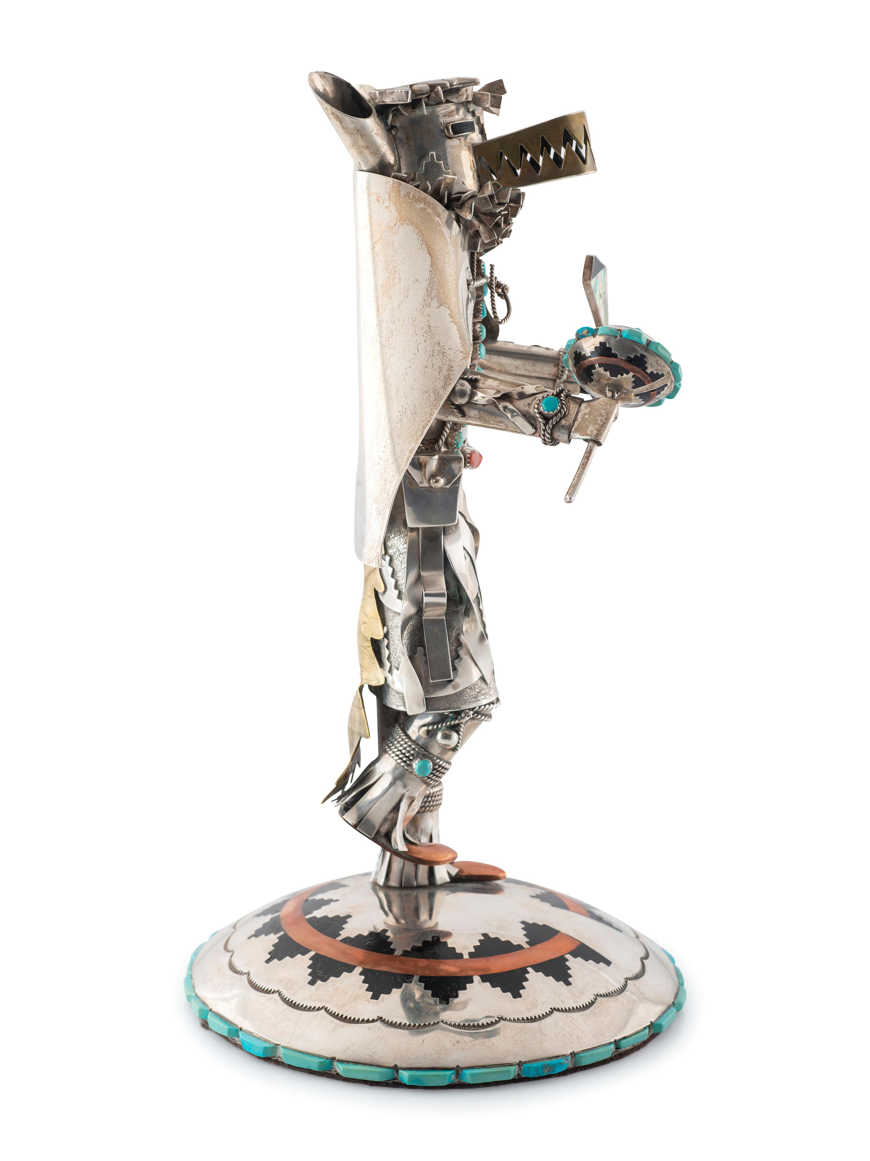Navajo Silver Katsina, with Turquoise, Coral, Brass, and Copper Accents