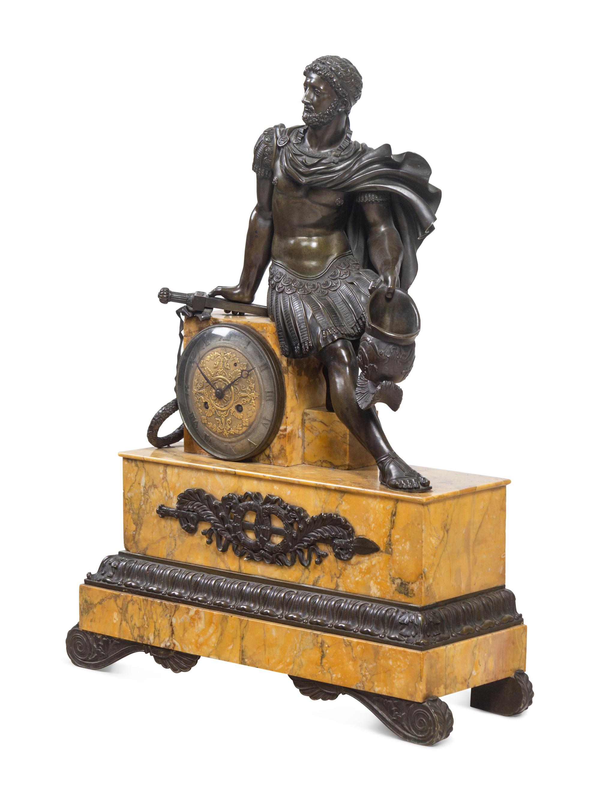 A French Patinated Bronze and Sienna Marble Mantel Clock by Honoré Pons