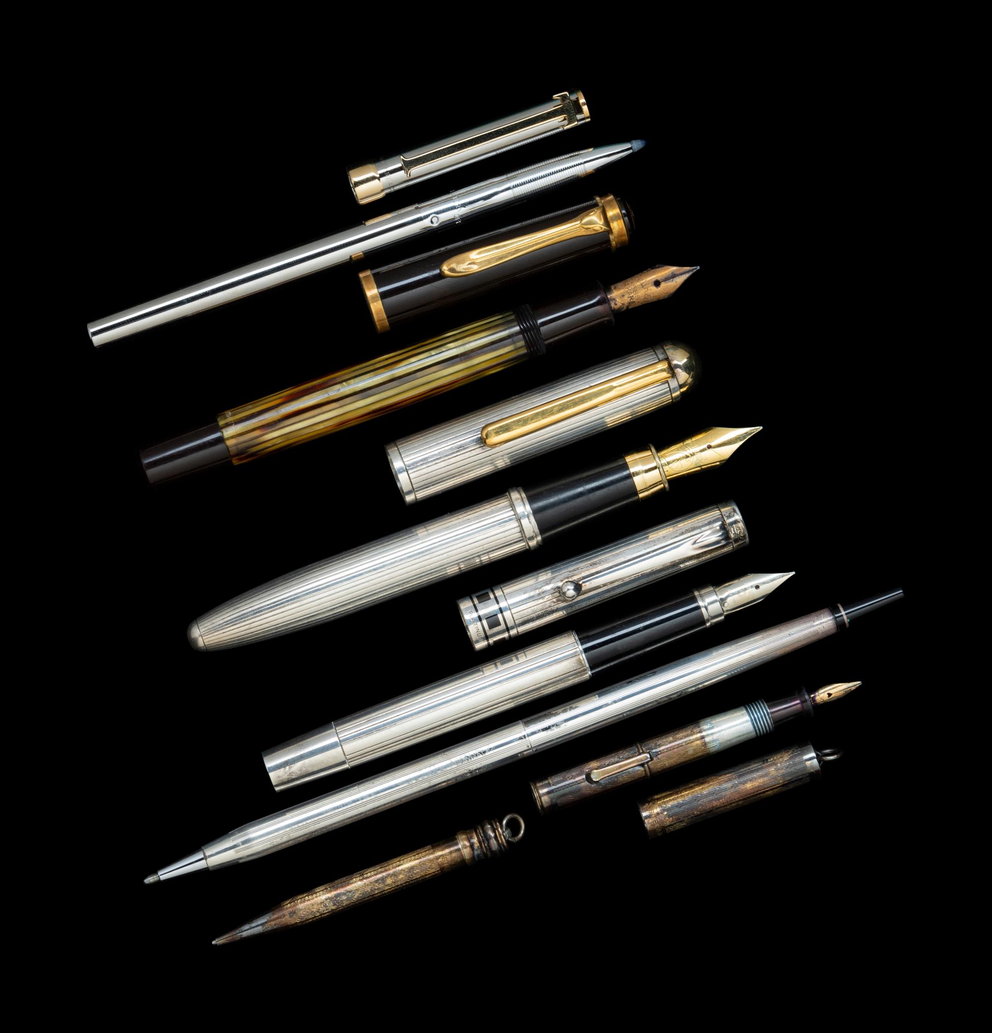 A Pelikan Fountain Pen, Tiffany and Co. Rollerball Pen and Five Silver-Bodied Writing Instruments
