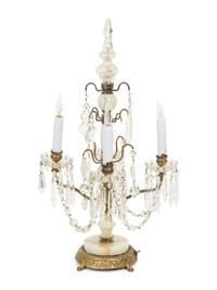 A Pair of Gilt Metal, Onyx, and Cut Glass Four Light Girandoles