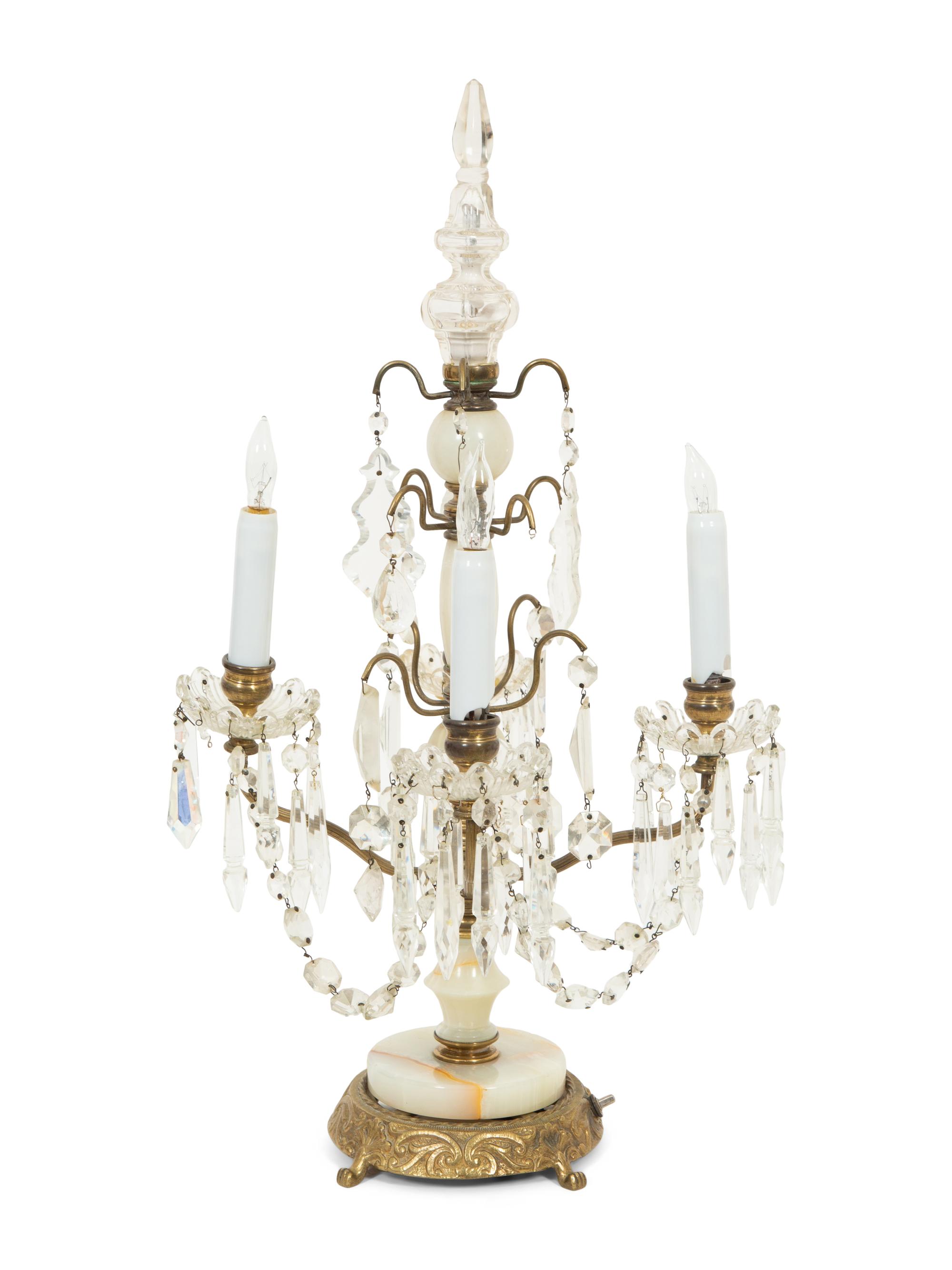 A Pair of Gilt Metal, Onyx, and Cut Glass Four Light Girandoles