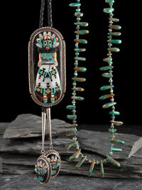 Large Mosaic Inlay Shalako Bolo Tie, PLUS