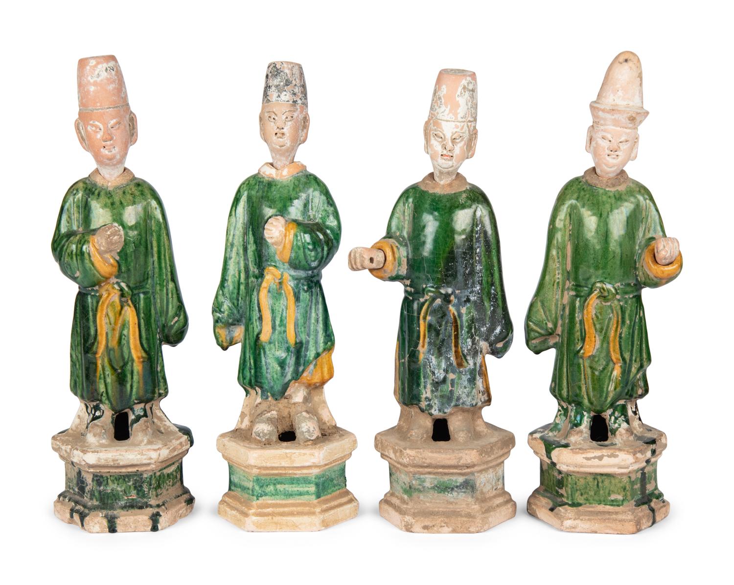 Ten Chinese Sancai Pottery Tomb Wares, Ming Dynasty 明 三彩袖珍家具及陶俑十件