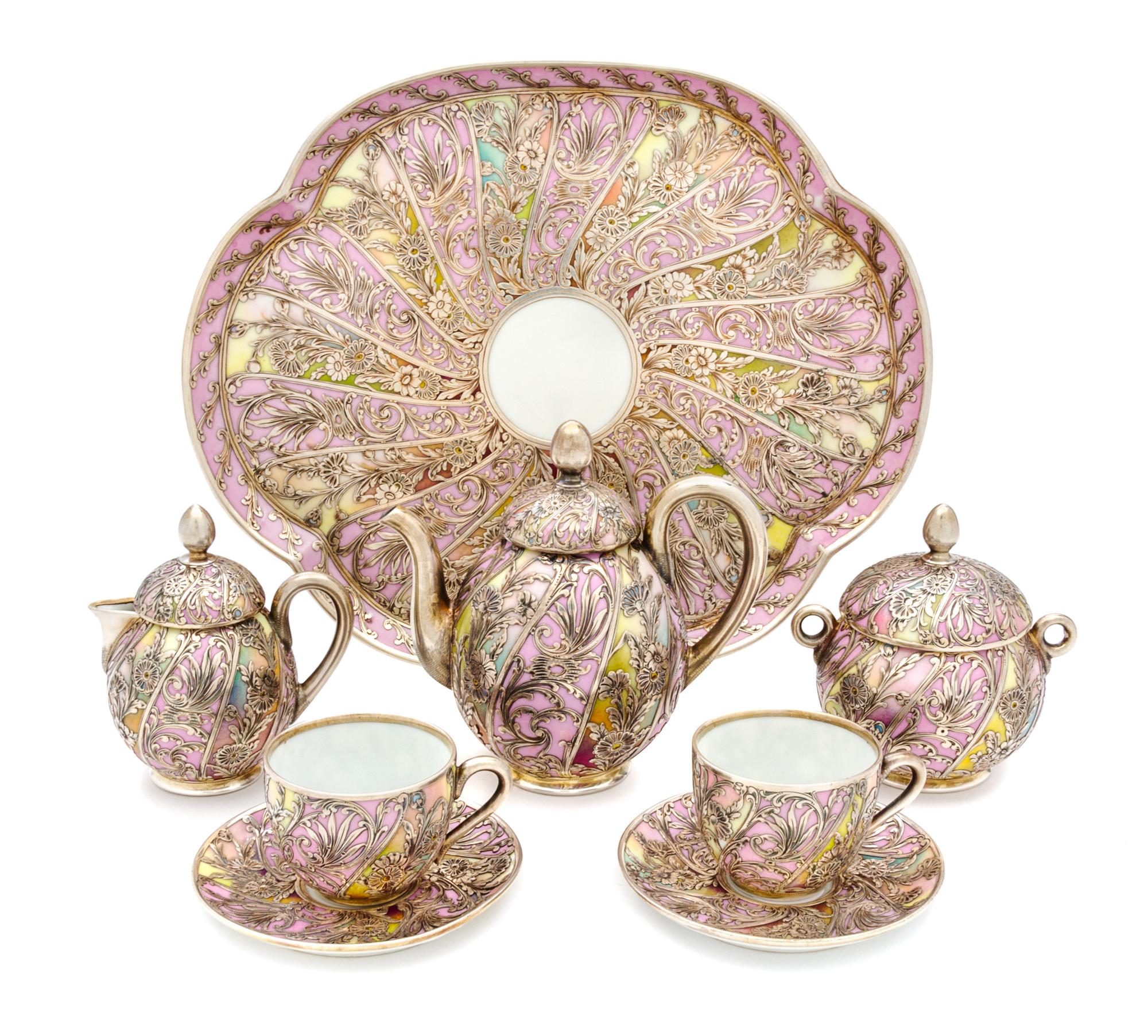 A Martial Redon Limoges Silver Overlay Porcelain Tete a Tete Width of tray 11 1/4 inches.